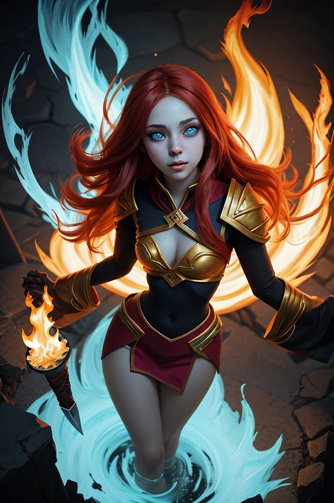 An outstanding painting of a beautiful white girl, flaming, surrounded by flames, dota2 fire girl style, ghost knife style, fire-like hair, long red hair, watery blue big eyes, thin waist, wide hips, mage robes, magic colors, World of Warcraft style, By Blizzard Entertainment, Ultra HD, 8K, real skin texture, best light, best shadow, Lina from dota2, action, wizarding world, overhead view, small mouth, Small nose, big eyes, cute