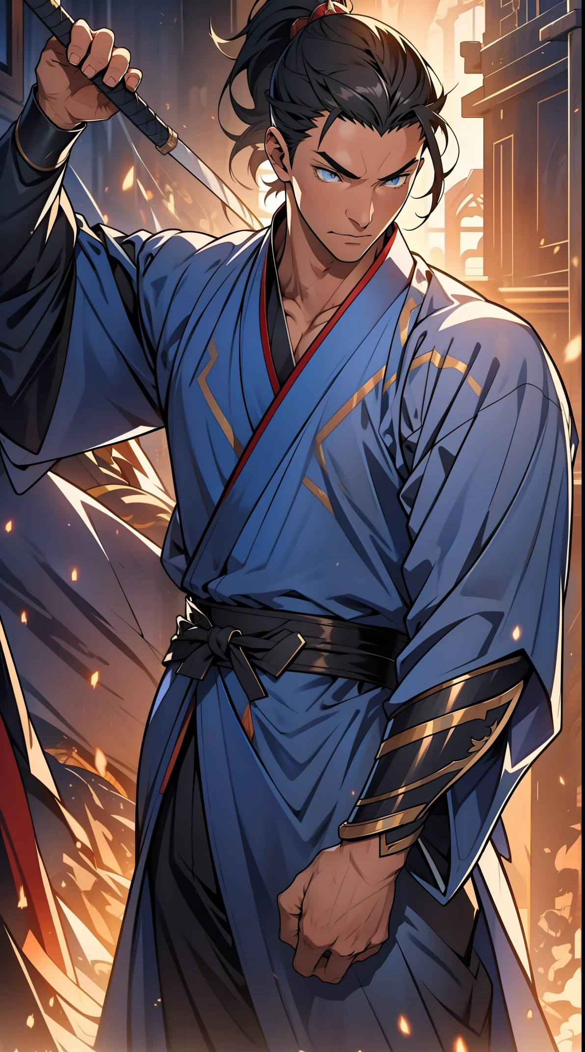 Two dimensions,anime style,one person(male warrior),proportions are correct,facial details,swordsman,high ponytail hairstyle,neck detail,There's an Adam's apple there,Blue suit,joke,blue robe,clothing details,transfer,long sleeves,Game quality,fencing,Ray tracing,Ray tracing,Detailed glow,CG rendering,hair details,long black hair,blue eyes,Handsome,Handsome,(Youthful feeling),Costumes are complicated,Perfect composition,refine,high quality,higher details,many details,Complex background,a sense of atmosphere,