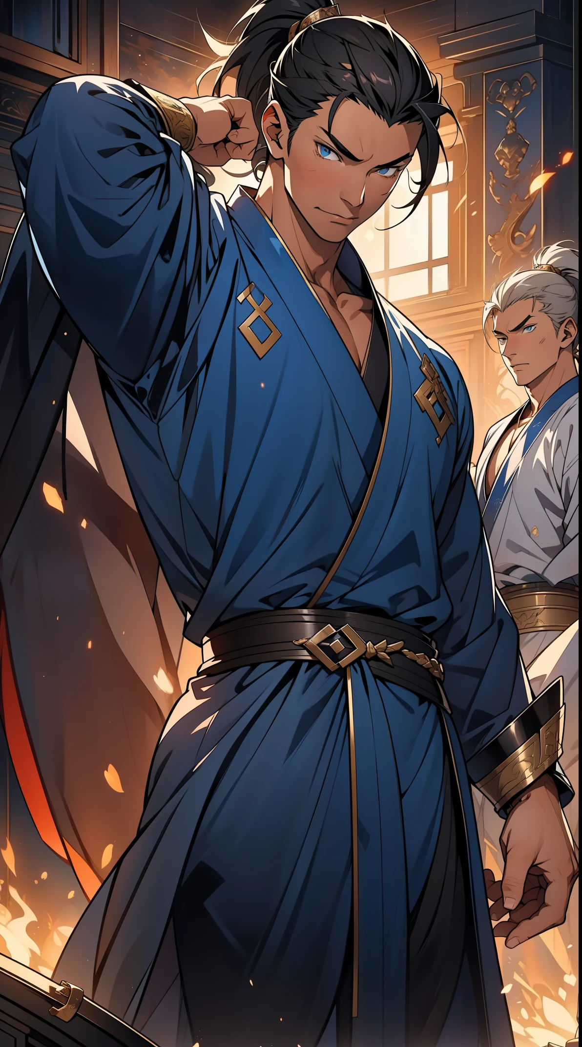 Two dimensions,anime style,one person(male warrior),proportions are correct,facial details,swordsman,high ponytail hairstyle,neck detail,There's an Adam's apple there,Blue suit,joke,blue robe,clothing details,transfer,long sleeves,Game quality,fencing,Ray tracing,Ray tracing,Detailed glow,CG rendering,hair details,long black hair,blue eyes,Handsome,Handsome,(Youthful feeling),Costumes are complicated,Perfect composition,refine,high quality,higher details,many details,Complex background,a sense of atmosphere,