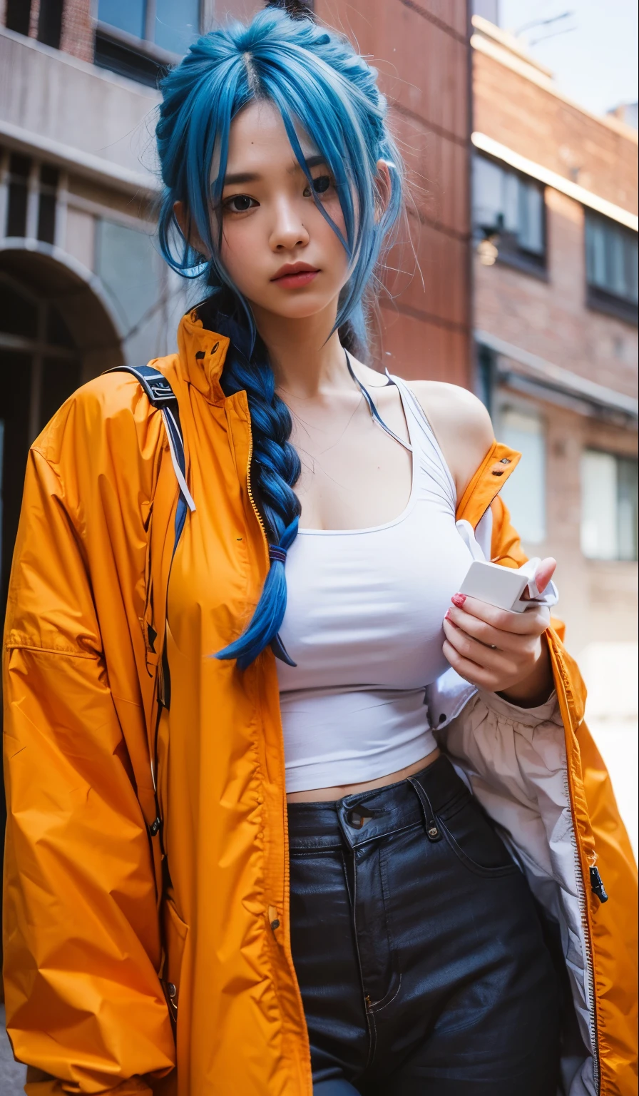 1girl, noah from wind breaker, orange jacket, white tanktop, long hair, Her hair is blue and purple towards the ends, light blue eyes, realistic ultra detail, 70mm lens,