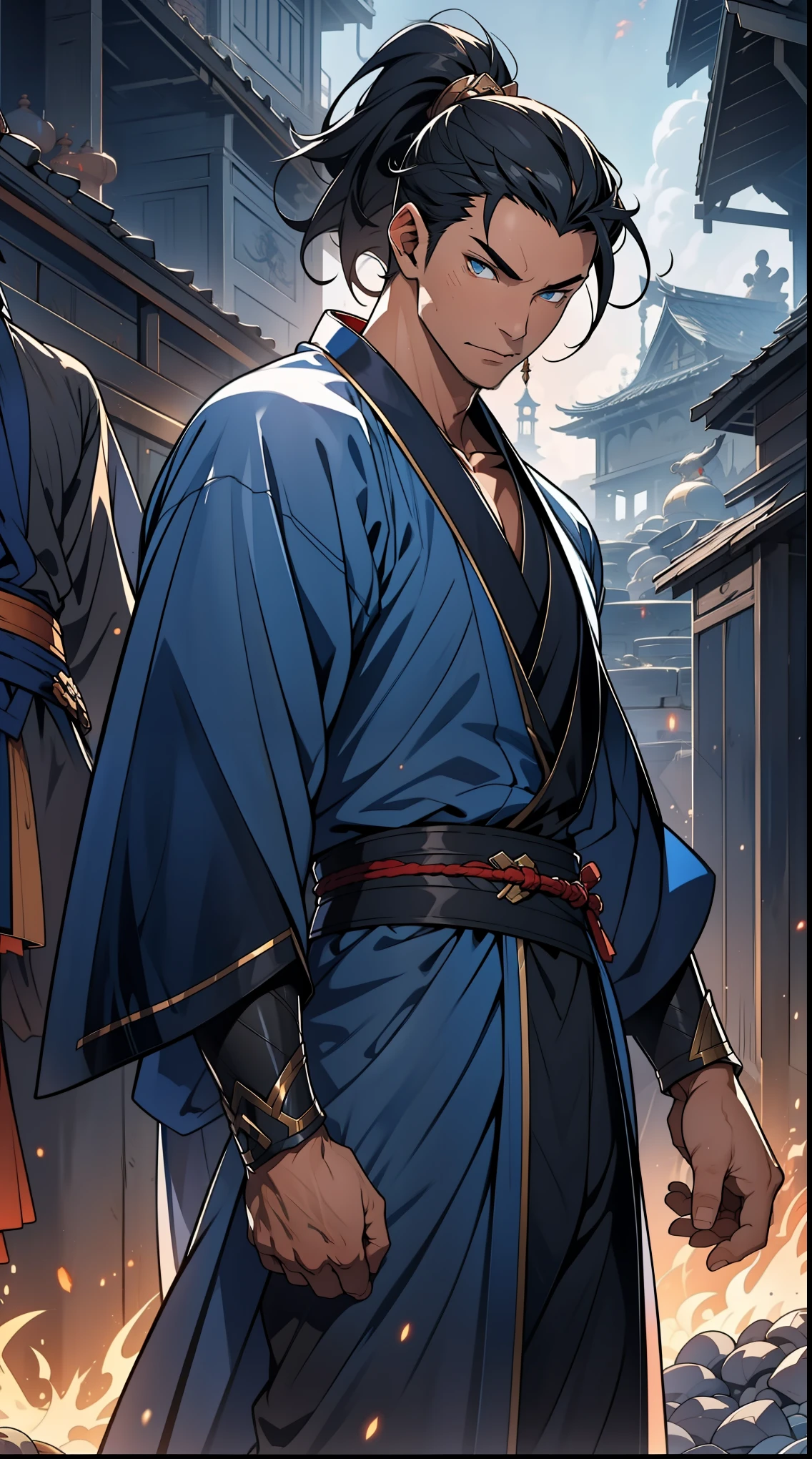 Two dimensions,anime style,one person(male warrior),proportions are correct,facial details,swordsman,high ponytail hairstyle,neck detail,There's an Adam's apple there,Blue suit,joke,blue robe,clothing details,transfer,long sleeves,Game quality,fencing,Ray tracing,Ray tracing,Detailed glow,CG rendering,hair details,long black hair,blue eyes,Handsome,Handsome,(Youthful feeling),Costumes are complicated,Perfect composition,refine,high quality,higher details,many details,Complex background,a sense of atmosphere,