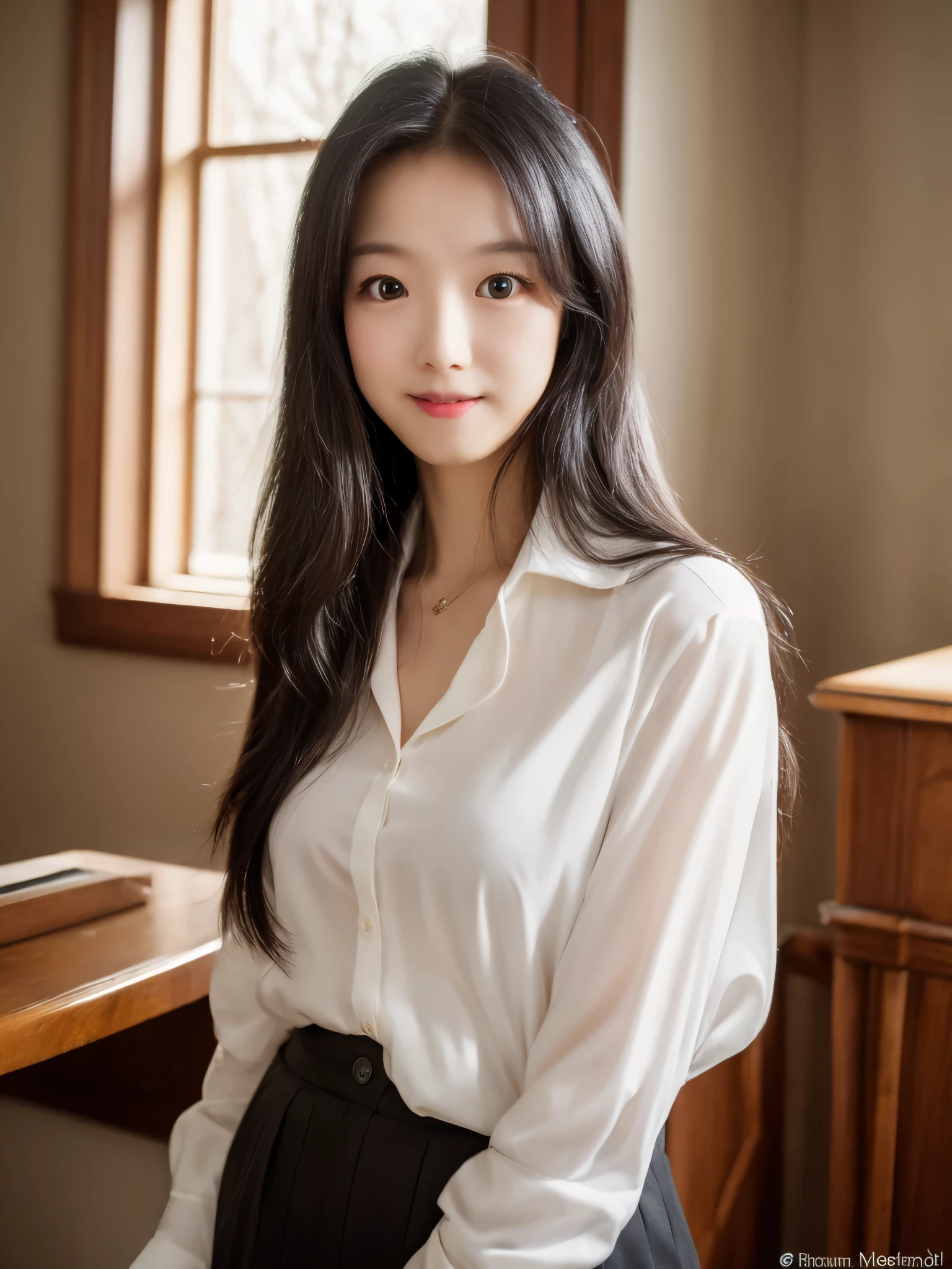 (masterpiece:1.3), (8k, photorealistic, RAW photo, best quality: 1.4), japanese, (1girl), beautiful face, (realistic face), (black hair, long hair:1.3), beautiful hairstyle, realistic eyes, beautiful detailed eyes, (realistic skin), beautiful skin, attractive, ultra high res, ultra realistic, highly detailed, golden ratio, (detaled face:1.2),looking at viewer,smile,open white shirt,small breasts,standing,hand on hip