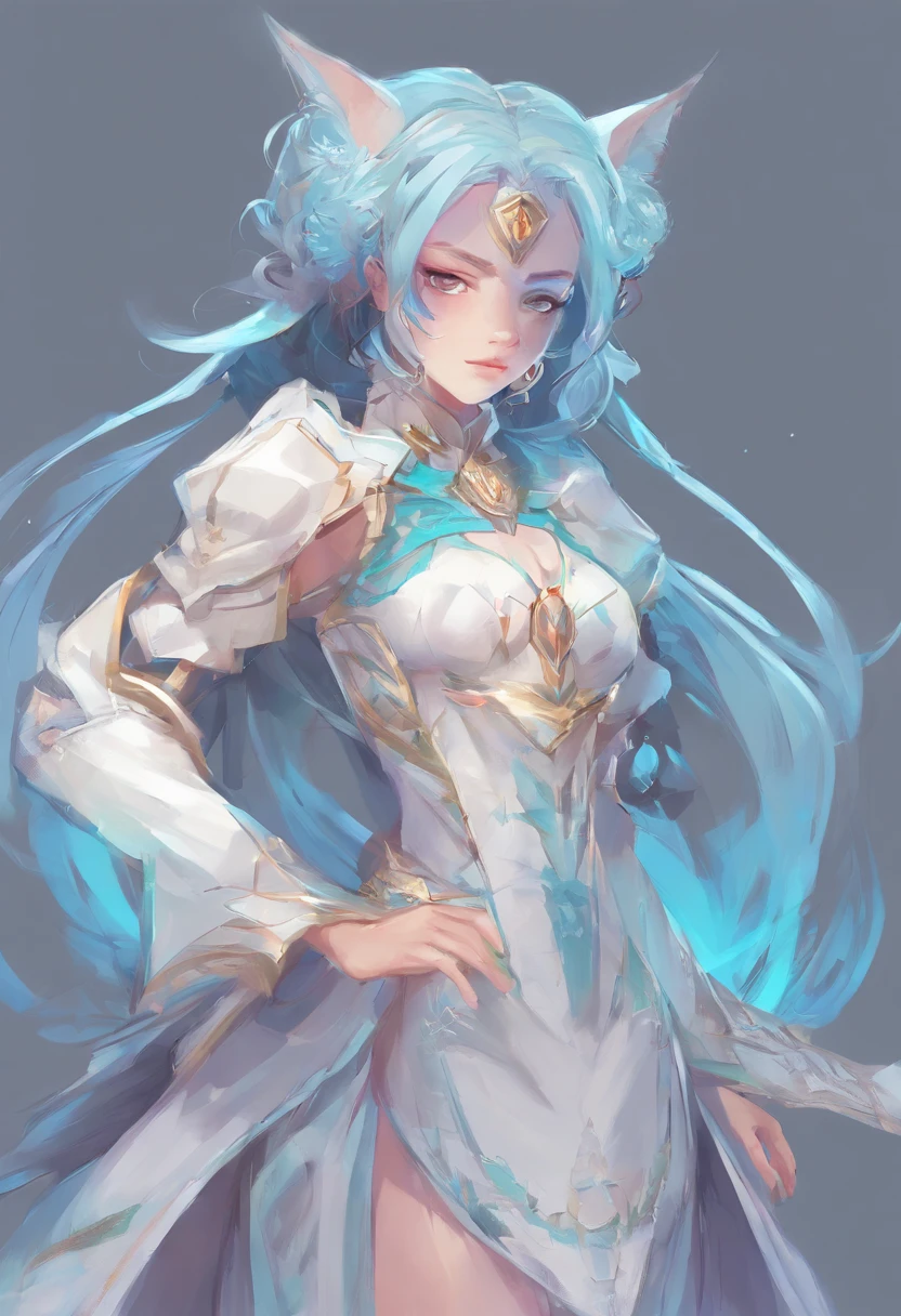 Game character design，girl，18 years old，shooter，Beautiful light blue dress，exquisite facial features，Bright Eyes。Game stickers，HD，Official artistic aesthetics