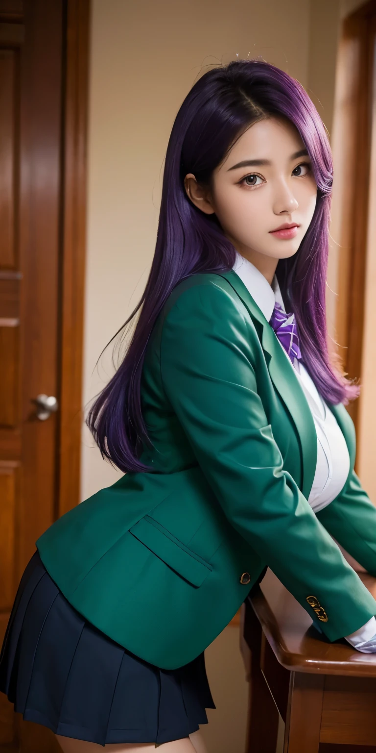 1girl,big breast, purple hair, brown eyes,high quality, ultra detailed, masterpiece, realistic, school uniform, green blazer
