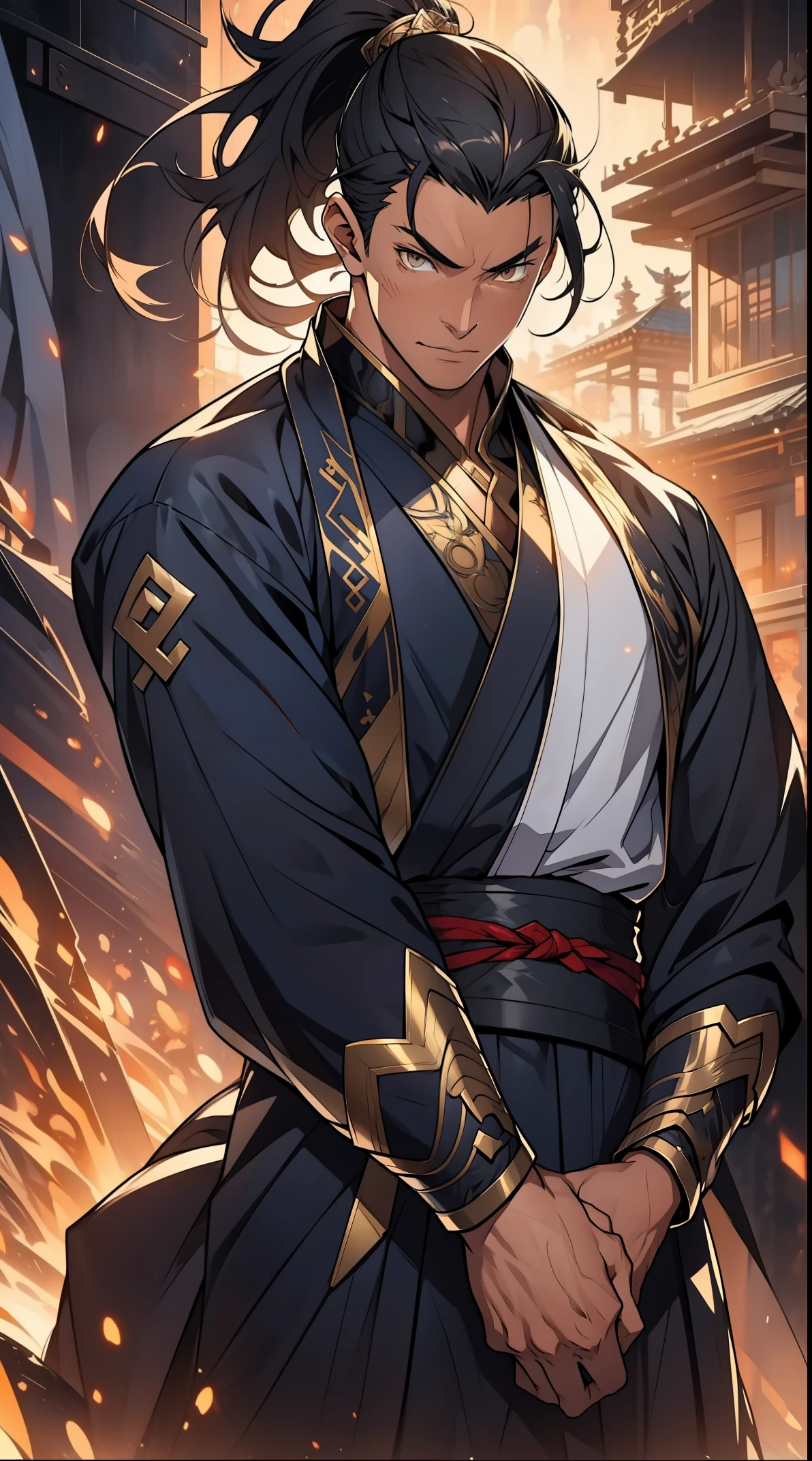 Two dimensions,anime style,one person(male),proportions are correct,facial details,swordsman,high ponytail hairstyle,neck detail,There is an Adam's apple,Black period costume,black toga,clothing details,Handing over,long sleeves,Game quality,,Ray tracing,Ray tracing,Detailed glow,CG rendering,hair details,long black hair,golden eyes,Handsome,Handsome,(Youthful feeling),Costumes are complicated,Perfect composition,refine,high quality,higher details,many details,Complex background,a sense of atmosphere,