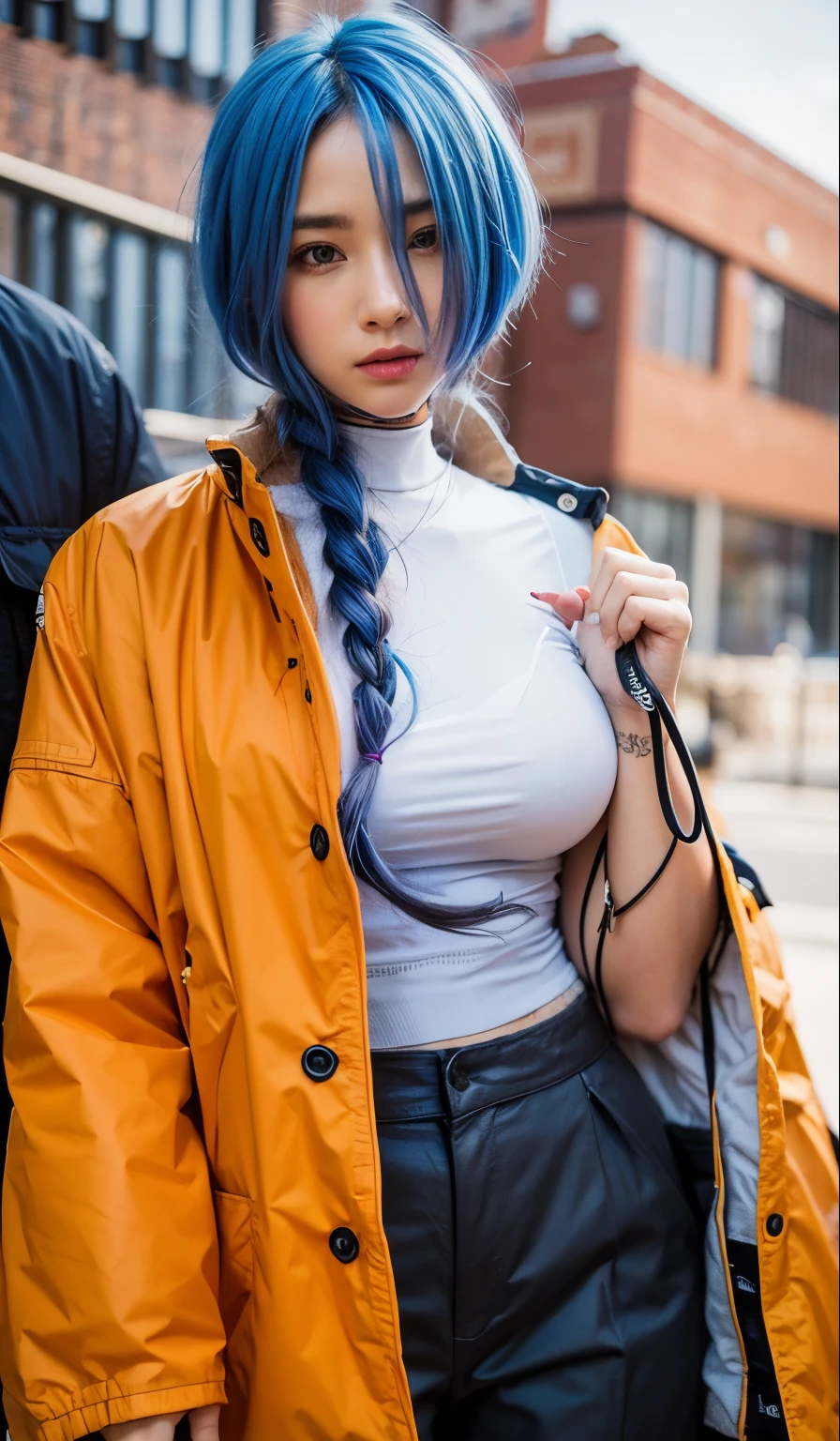 1girl, noah from wind breaker, orange jacket, white tanktop, long hair, Her hair is blue and purple towards the ends, light blue eyes, realistic ultra detail, 70mm lens,