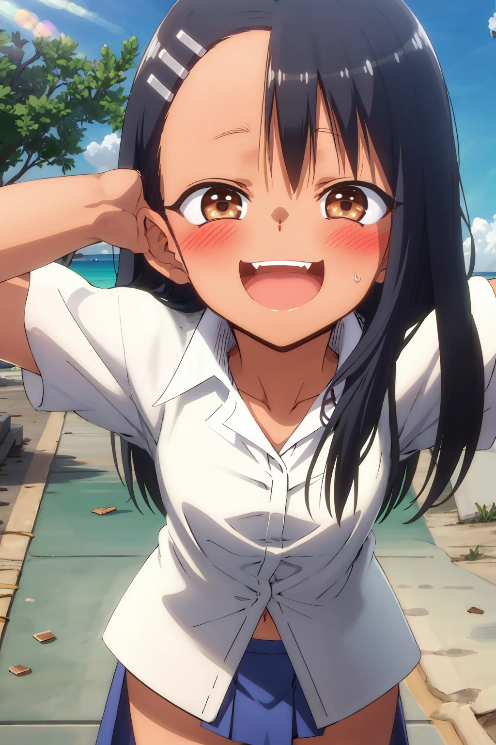 HDR, cg, sharp focus, (8K), (4K), masterpiece, highest quality, sharp focus, very detailed, Complex, very detailed, nagatoro hayase, brown eyes, black hair, bangs, long hair, black skin, hair clip, white shirt, blue skirt, no socks, uwabaki, standing, arm behind head, cowboy shot, looking at the viewer, outdoor, with an evil smile, (masterpiece, highest quality;1.3), very detailed ,Super detailed, 1 girl, alone, looking at the viewer,fine skin, 3d face, evil smile, open your mouth, whole body,Lying on the beach, Front view, from below,white bikini , small black ribbon nagatoro hayase, brown eyes, black hair, long hair, black skinと白い肌, hair clip, sleeveless,ticker, tan,a lot of sweat,excited state,sexual excitement,It&#39;s hard to breathe,lift the skirt,white panties,panties with wet crotch,