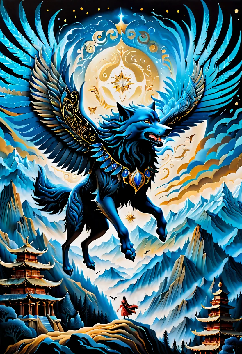 majestic and powerful creature wolf spreads its exquisite wings and soars through the air. extraordinary gouache illustration captures the fantastical essence, intricate details bringing every feather and fur, overlooking the row of the dead, image exudes sense of phantom beast, evoking feeling of mysterious and dark enchantment appearance, stunning detail wolf takes flight, presence exudes an unrivaled force and intensity that elicits, profound sense of awe hold out, meticulously crafted artwork showcases duality, duality of beauty and power, into mesmerizing world of imagination and wonder. spreads its beautiful wings and flies, Fantastic, daydream, highly quality gouache illustration, intricate detail, diablo, power force, pressure release, awe-inspiring, captivated masterful detail, highly quality, tonal contrast,
