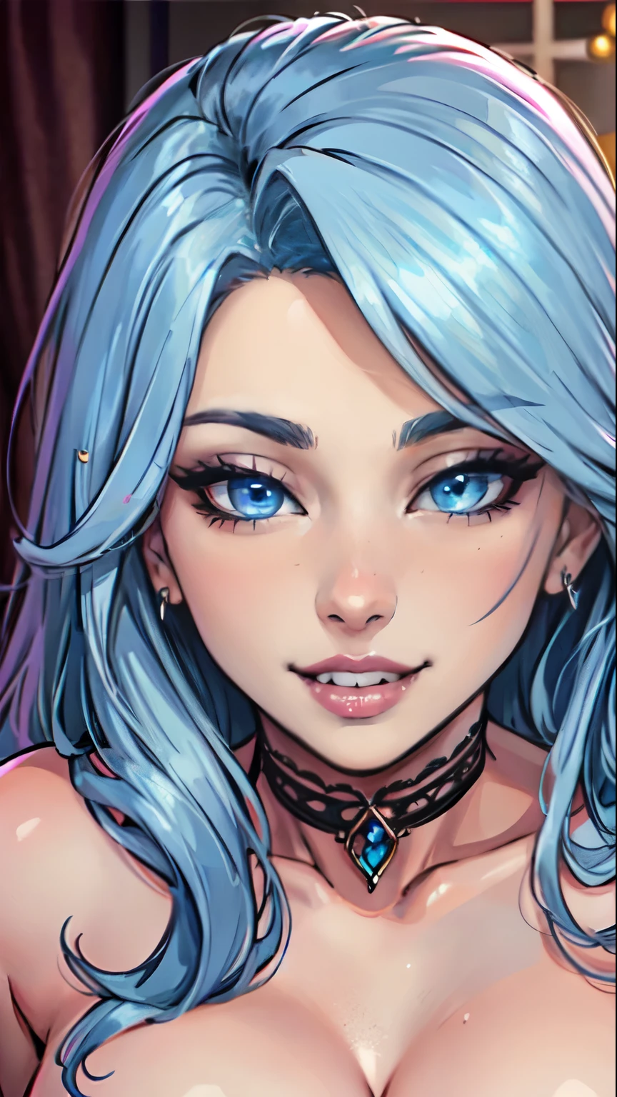 Masterpiece, raw,  beautiful art, professional artist, 8k, art style by sciamano240, very detailed face, very detailed hair, 1girl, perfectly drawn body, beautiful face, long hair, light blue hair , very detailed blue eyes, pouty lips , rosey cheeks, intricate details in eyes, grin, looking directlt at viewer , posing topless, in love with viewer expression, wedding ring , lipstick, hotel setting, very close up on face, laying in bed, wearing a black chocker, 