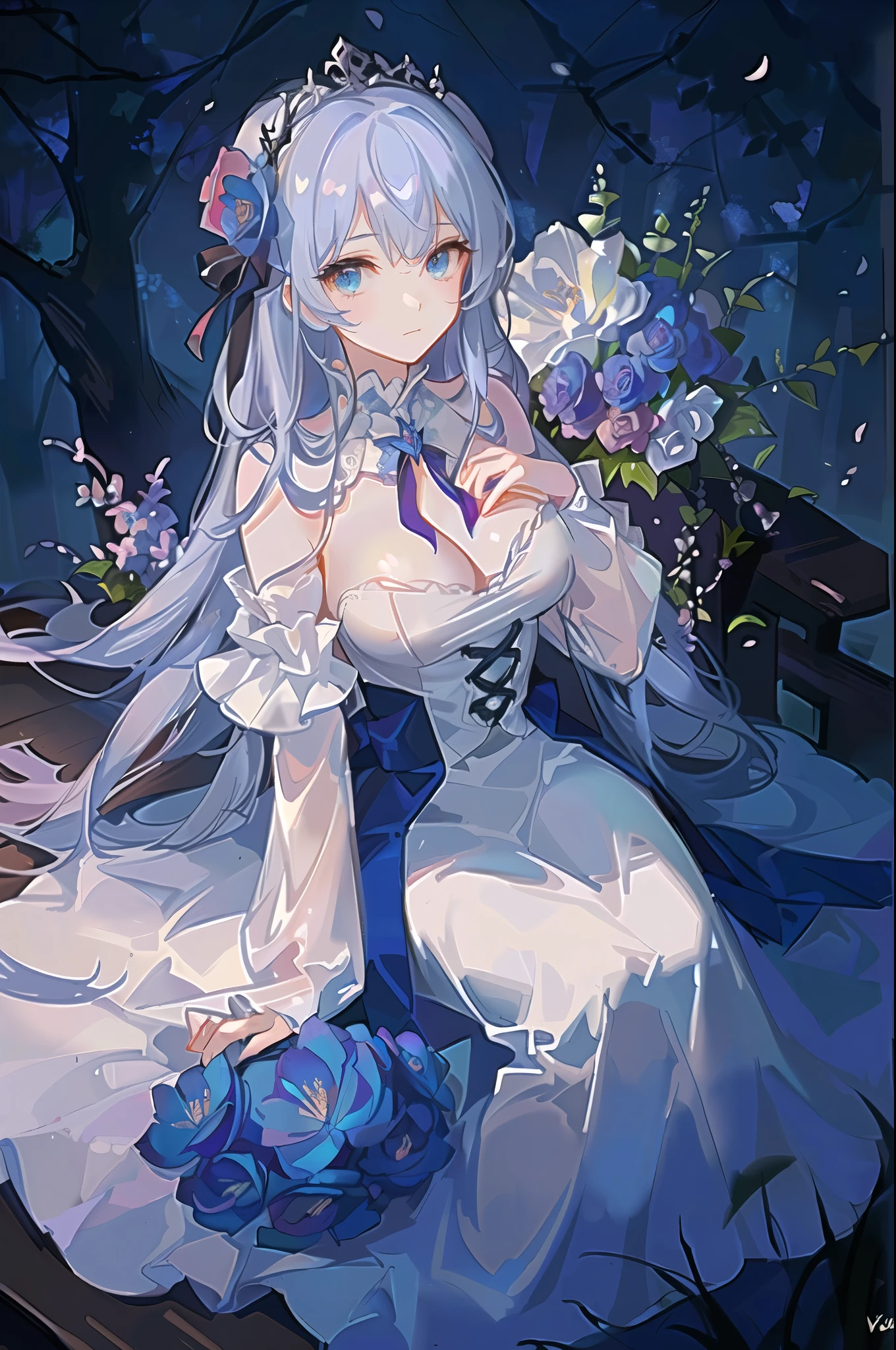an enchanted forest,Maiden among flowers,Blue flower,the night,Gloomy environment,blue tint, brightly, large exposed breasts