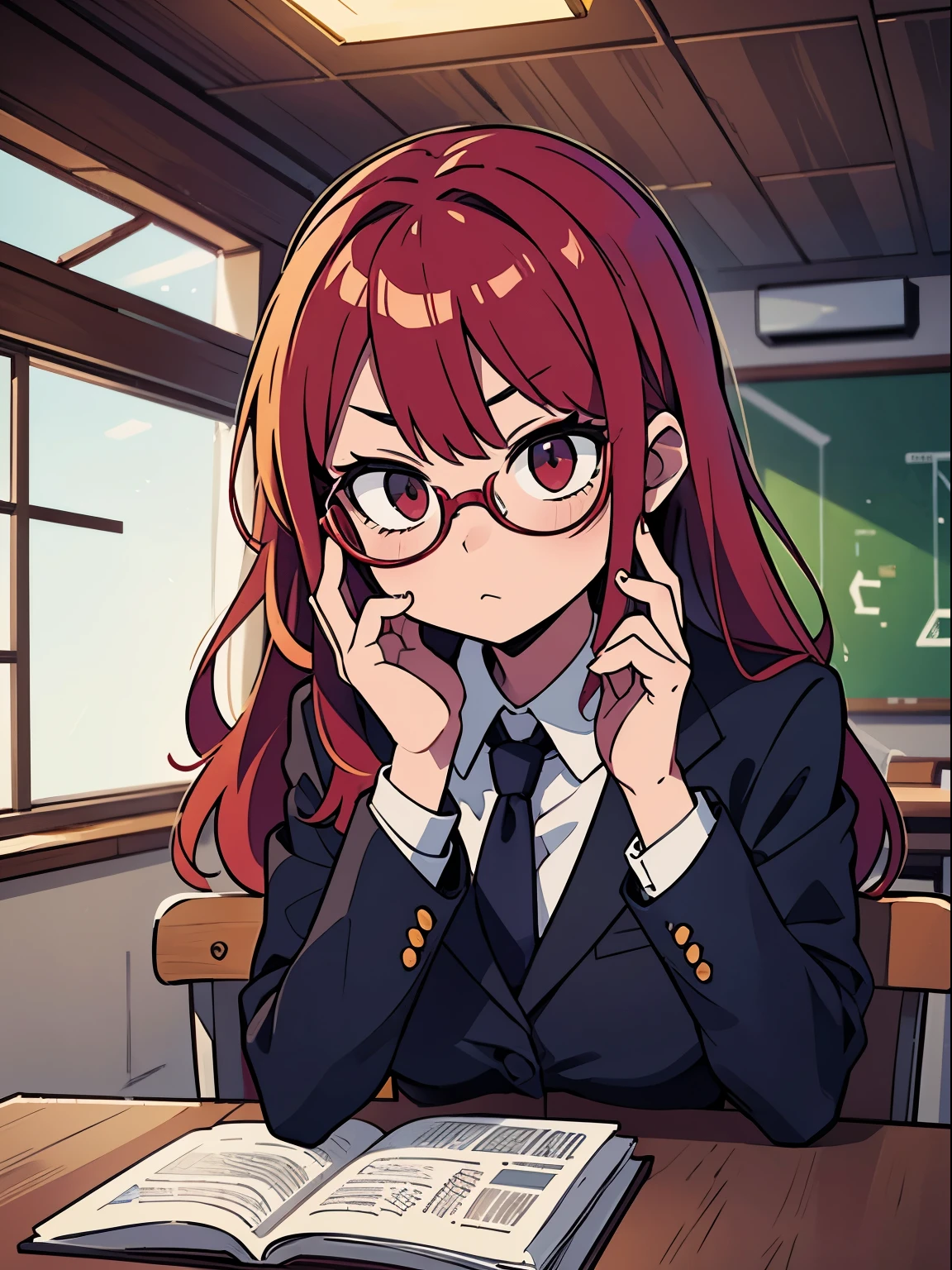 In a classroom setting, a red-haired individual in a suit, wearing glasses, looking down with a contemptuous expression. Capture the disdainful demeanor in a way that emphasizes the glasses, red hair, and formal attire. Utilize the classroom background to enhance the setting and mood. Generate a high-quality image with attention to detail, focusing on the facial expression that conveys the act of looking down with contempt. The color palette should highlight the seriousness and formality of the scene. Ensure the lighting complements the overall atmosphere, creating a visually impactful portrayal.