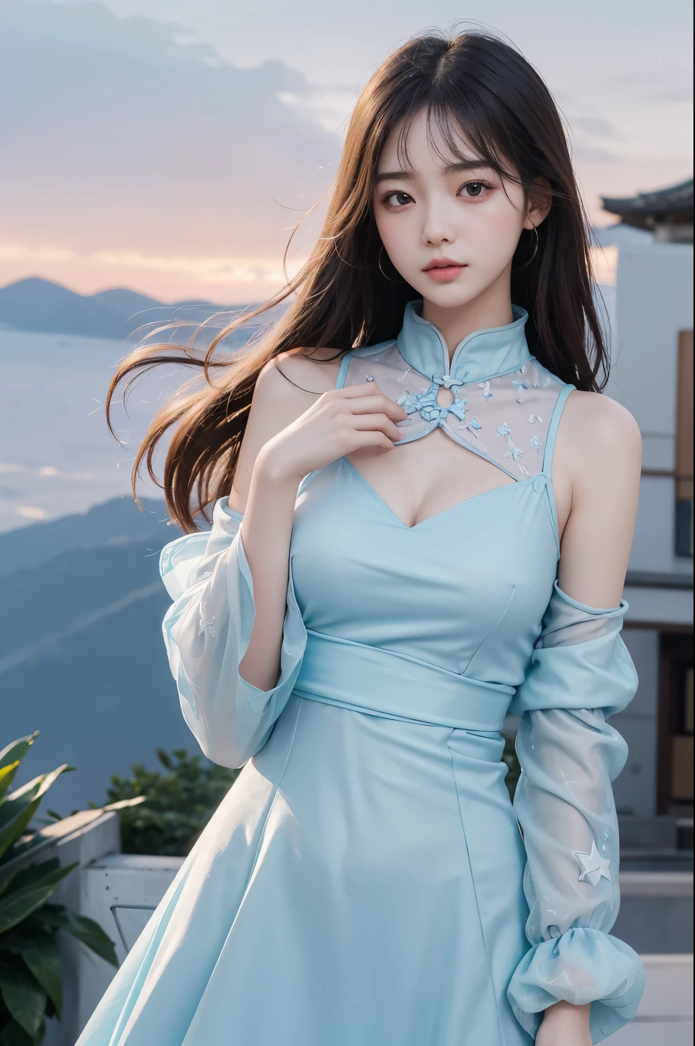 (Best quality details)、realistic、8k ultra high definition、high resolution、(1 girl in:1.2)、The Super detailed、high quality texture、intricate details、details、Very detailed cg、High quality shadows、Beautiful and delicate face with details、Beautiful and delicate eyes with details、depth of field、Ray tracing、in my 20s、beautiful kpop girl、(Korean Urzan face)、face slimming、(Urzan-6500-v1.1:0.6)、pure face_v1、glowing eyes、Perfect body、 look at the audience、(Best quality details:1.2)、realistic、8k ultra high definition、high resolution、(1 girl in:1.2)、The Super detailed、high quality texture、intricate details、details、Very detailed cg、High quality shadows、Beautiful and delicate face with details、Beautiful and delicate eyes with details、depth of field、Ray tracing、in my 20s、beautiful kpop girl、(Korean Urzan face)、face slimming、(Urzan-6500-v1.1:0.6)、Teak、glossy lips、、高水平图像quality, 最高的图像quality, top quality, Realism, Super detailed, Photorealistic, 4K 8k ultra high definition Full Color RAW Photos, Fuji Film(medium format), Hasselblad, Carl Zeiss, Incredible dynamic range photography(UTIL_Painting by Smoose-768:1.1),high resolution, High pixel count, clear details, clear image, Natural color reproduction, Noise reduction, High fidelity, quality, Software improvements, upgrade, optimization, Professional grade retouching,

Costume features:：
Key points and design ideas：

Color selection：to reflect the beauty of the sky、Make use of light tones and gradients。Pastel or blue-gray colors inspired by the colors of the sky are suitable.。

graphic design：Clouds and stars、一个moon、Use graphics such as the sun、The design that expresses the elements of the sky is very attractive。By incorporating these elements into prints and embroidery,,,,、Create a sense of mystery in the sky。

Textiles and materials：By choosing lightweight materials、Easier to express sky scenery。chiffon、Transparent gauze、transparent materials such as silk are recommended.。

contour：柔和的contour和浮动的设计、Match empty images。By combining ruffles and curtains、Can produce cloud-like softness.....。

accessories：By combining astronomy accessories and space-themed jewelry、Can further emphasize the mystery of the sky。星形或moon形的口音会很彩特征：

Insky fashion matching、It is important to reproduce the beautiful tones of the sky。The following are typical color characteristics。

light blue：A color that represents the blue tone of a clear sky。transparent、Create a sense of lightness。

pastel pink：Colors inspired by sunrise and sunset skies。Warm and gentle impression。

clear white：Reproduce the pure white color of the sky and clouds。express cleanness and brightness。

What you need to know when creating：

How to strike a balance：to express the beauty of the sky、Consider the balance between color and design。Avoid over-design and decoration、Cherish the tranquility of the sky。

Unify the theme：It is important to unify, fashion and coordinate the theme in the air。Clouds and stars、moon, ETC.、Choose a topic、Let's unify the whole coordination element。

Take advantage of accents：By merging empty elements as accents、Can add fashion charm to your clothes。For example、Take advantage of star fittings, embroidery, and more。

An expression of personality：Sky fashion clothing、It's also a great way to express your personality。Incorporate your favorite sky elements and colors、Create your own style。