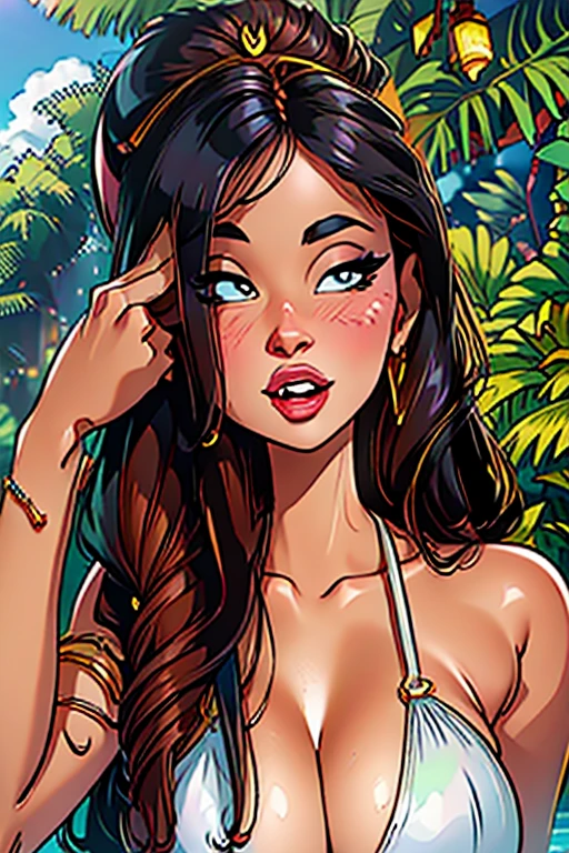 a close up of a woman in a white bikini posing for a picture, lindo rosto latina, Retrato de Sophie Mudd, flawless brunette skin, linda mulher iraniana, com tez escura, cerveja madison, cerveja madison girl portrait, linda mulher mexicana, garota indiana com pele morena, sensual lips :5 elegante, modelo do instagram, ela tem pele morena oliva