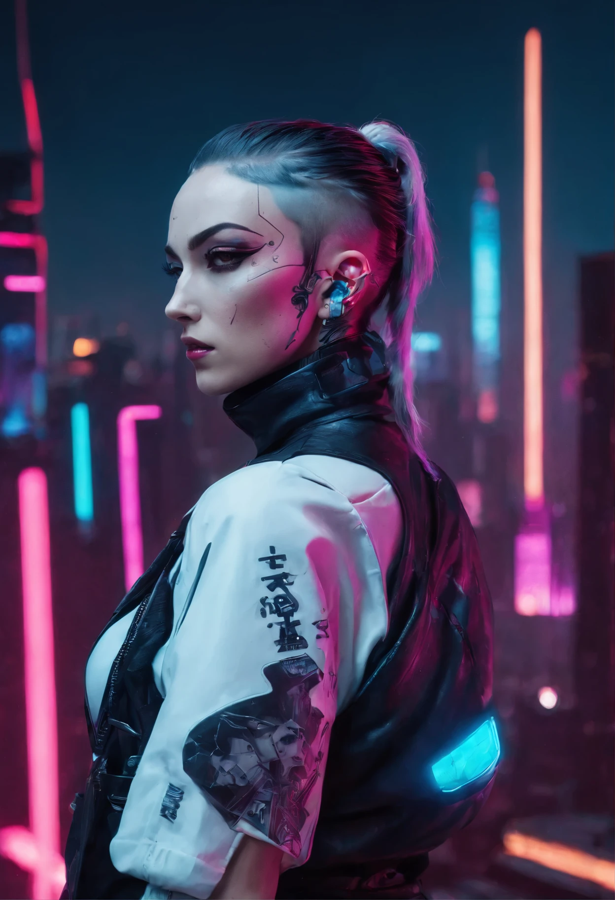 ((cyberpunk woman)) with a tattooed face in front of a (neon cityscape)