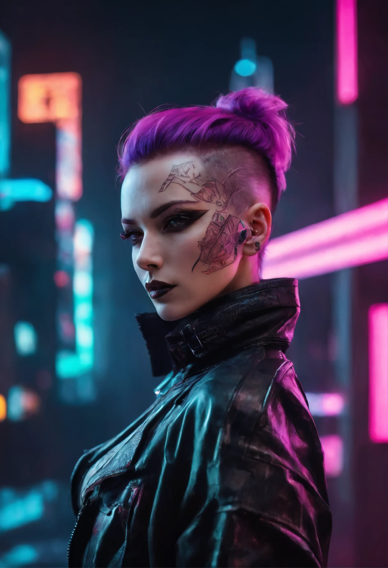 ((cyberpunk woman)) with a tattooed face in front of a (neon cityscape)