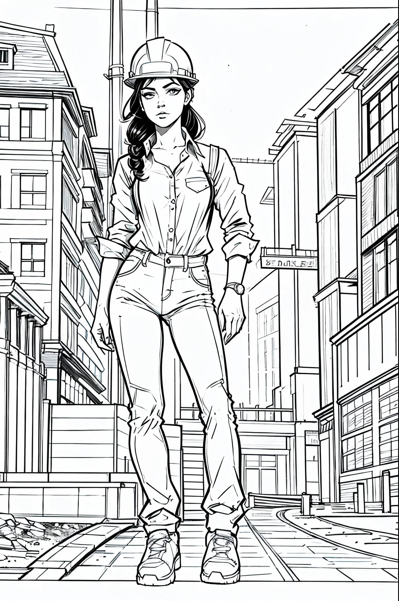 sketch of a woman dressed as a construction engineer , camisa , pants, colete de obra  , imagem fundo branco, lineart digital