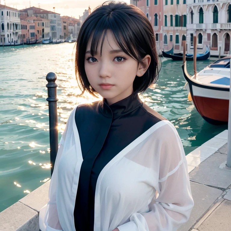 beautiful girl,venice,Canal and ship in the background,building,reflection of the sun on the glass window,halation,black shirt,gentle smile,big enchanting eyes,black hair,bob hair,baby face,Highlights in the eyes,sparkle,cheek,white skin,The wind is blowing,big sky,sunrise,dynamic angle,dynamic lighting,perfect composition