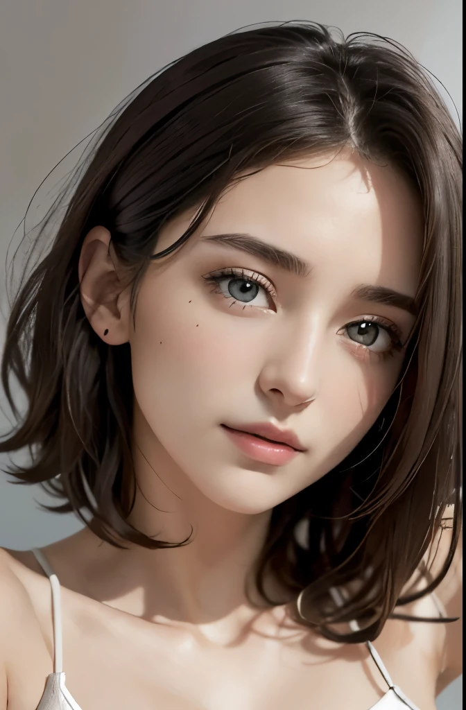muste piece、highest quality、フォトrealistic、High resolution、photograph、:1.3)、sharp focus、1 brunette girl、european girl、hot models、midriff、Highly detailed eyes and pupils、realistic skin、slim body shape、cleavage、highly detailed hair、Delicate sexy face、Organoleptic gas、glossy lips、((wearing camisole))、Plain Air、((realistic、スーパーrealistic、realism、realistic details))、no makeup、natural makeup、small face、short cut hair、dark brown hair、Gray background