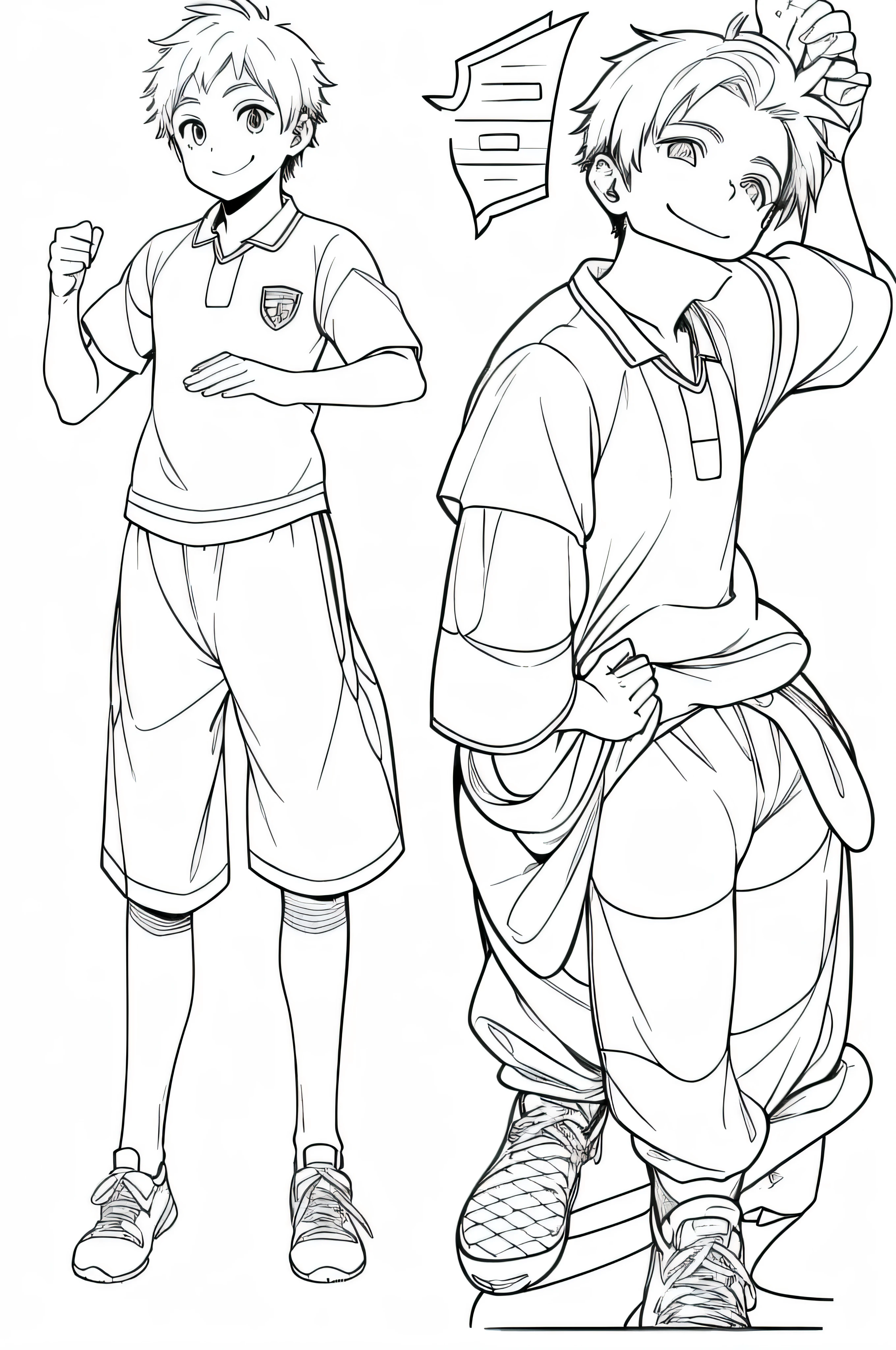 garoto posando com uniforme de futebol, um usando uniforme de futebol, Preto e branco, Mango, hand draw, arte de linha, ficha de personagem, sorridente, posando
