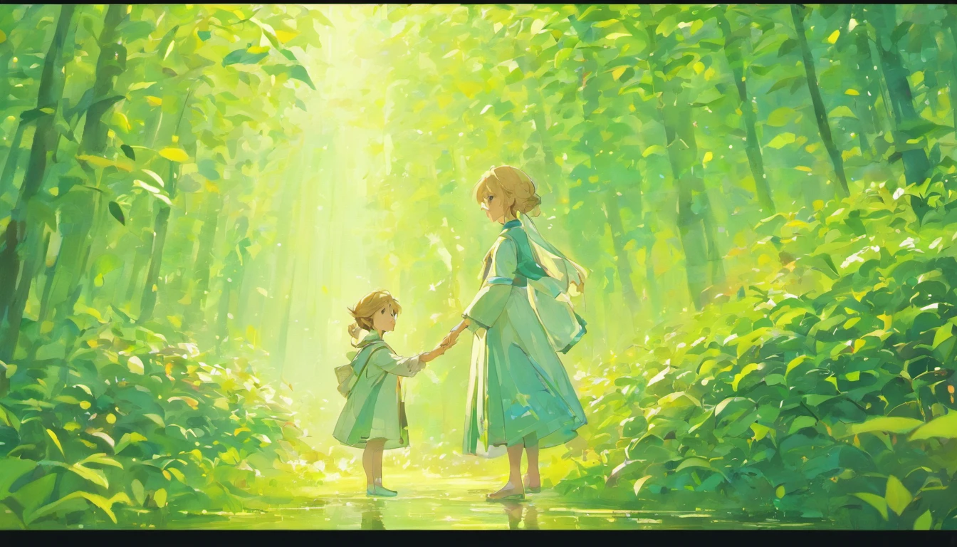 Mothers and children、Mother and child with a gentle smile(boy)Gently put transparent feathers on the back of、The whole body is reflected、The world where life is born、Blue sunlight filtering through the leaves like in the water、fantasy、Japanese style super high quality animation movie、anime manga style illustration、Xin Haichengfeng