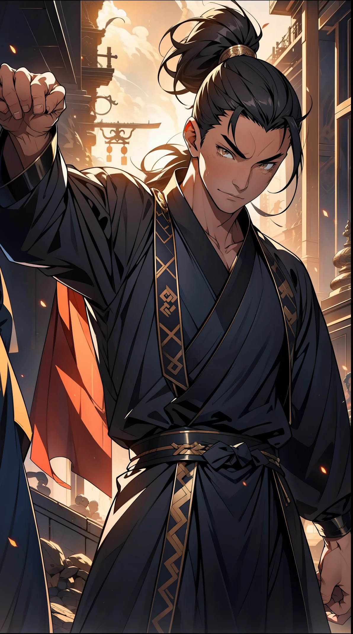 Two dimensions,anime style,one person(male),proportions are correct,facial details,swordsman,high ponytail hairstyle,neck detail,There's an Adam's apple there,Black period costume,joke,black toga,clothing details,Handing over,long sleeves,Game quality,fencing,Ray tracing,Ray tracing,Detailed glow,CG rendering,hair details,long black hair,golden eyes,Handsome,Handsome,(Youthful feeling),Costumes are complicated,Perfect composition,refine,high quality,higher details,many details,Complex background,a sense of atmosphere,
