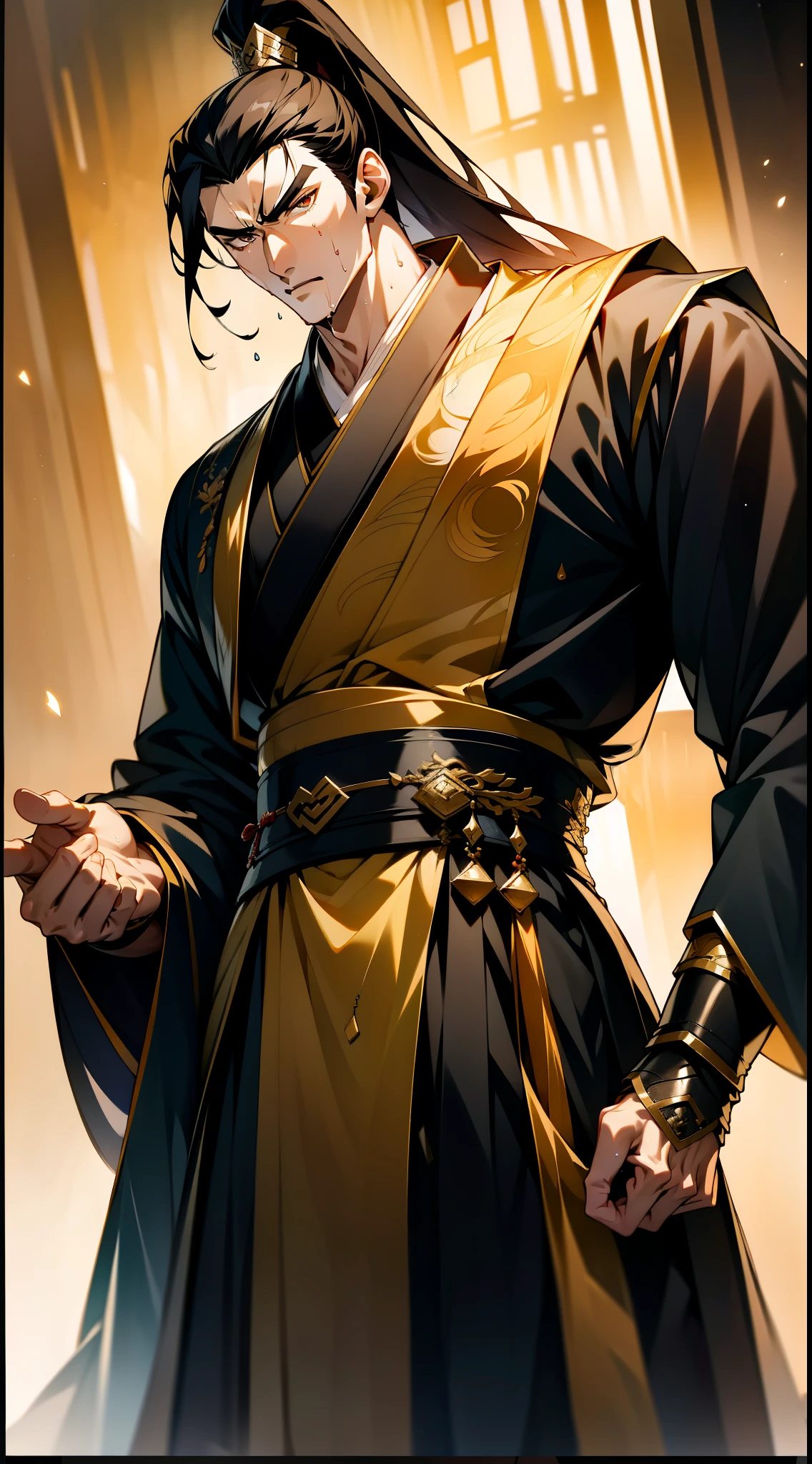 two-dimensional, anime style, man (male warrior), muscle, correct proportions, facial details, martial arts, high ponytail hairstyle,neck detail, with Adam's apple,, Hanfu costume, black toga, Embroidered robes, Robes, clothing details, collar, long sleeves, Game quality, swordsman demeanor, Ray tracing, Ray tracing, detailed glow, CG rendering, hair details, long black hair, golden eyes,, Handsome, Handsome,, (Youthful feeling), intricate clothing, wet, wet, perfect composition, refine, high quality, more details, many details, complex background, atmosphere,