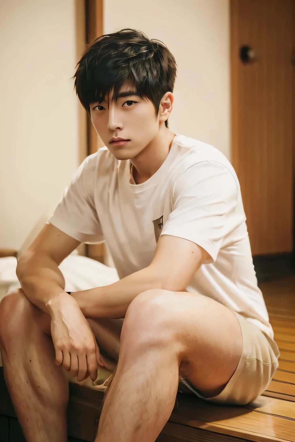 ((super sharp focus)), (((hairy legs))), hairy legs, toned legs, whole body, two block, messy shortt hair, long legs, Japan Male, 27 years old, wearing beige shorts, wearing a black T-shirt, very short hair, black hair