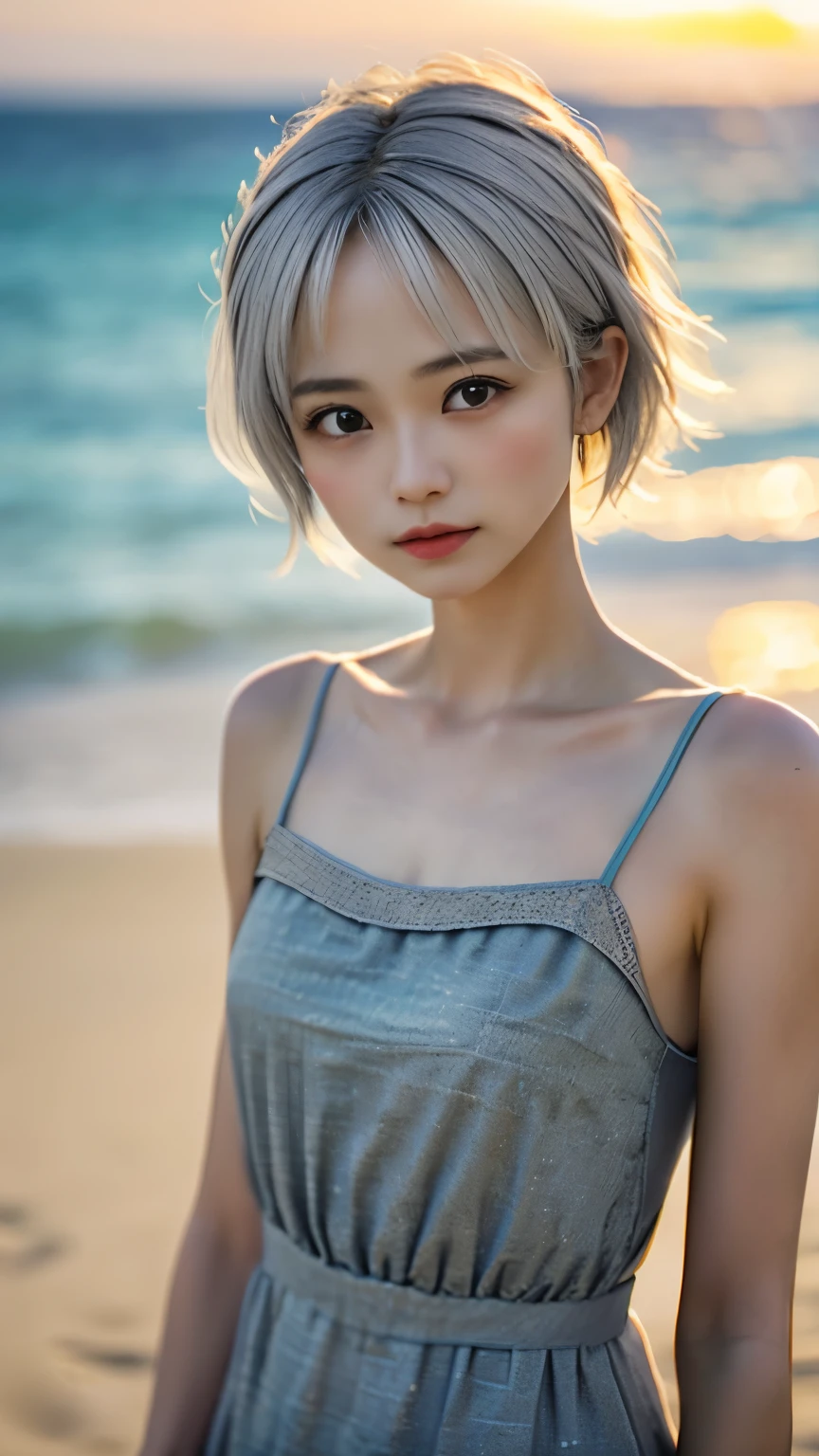 one girl、small face、cute face、ash gray hair:1.5、bobbed hair、short hair、Camera gaze、small breasts、An ennui look、(((camisole、dress)))、particles of light、Sunset Sea、calm sea、white sand beach、Very beautiful sunset、RAW photo、highest quality、High resolution、high resolution、master piece:1.3、８ｋ、１２ｋ、professional photographer、