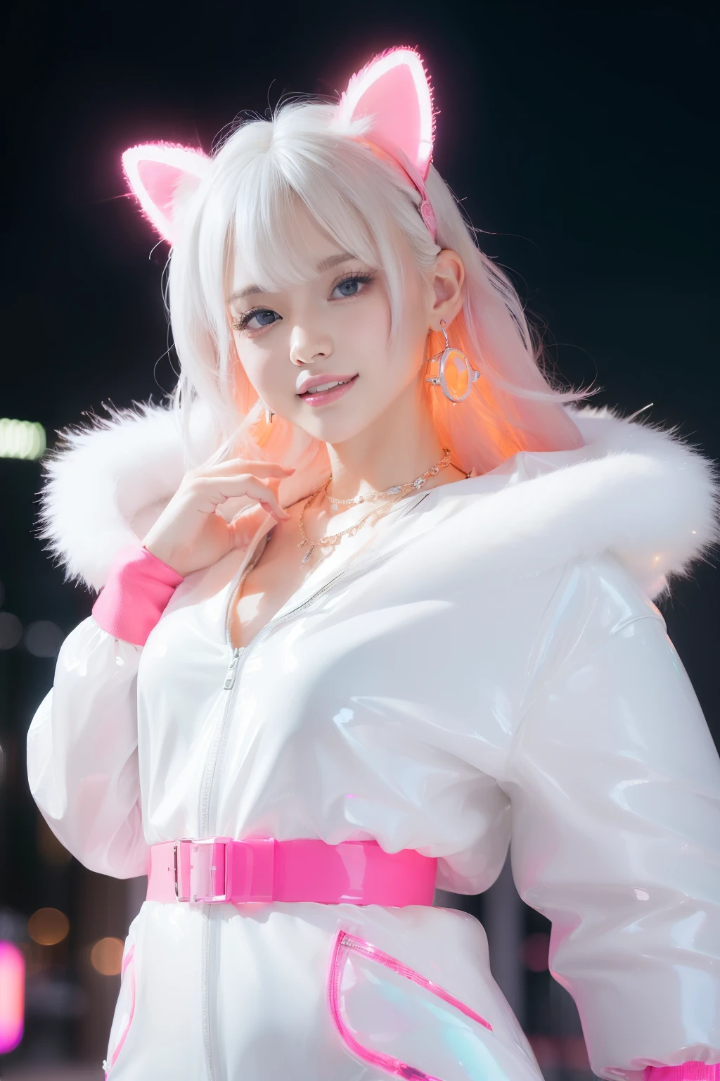 female idol、lipgloss、smiling face、full body esbian、shiny very large earrings,（sparkling neon pink)、shiny very large necklace,（sparkling neon pink)、shiny glossy latex bandino,（sparkling neon pink)、shiny glossy latex tight mini slip,（sparkling neon pink)、colorful hair (sparkling neon pink)、long white coat with white fluffy fur, (bright white:2)、conceptual art, High quality, Realistic, extremely detailed CG unified 8k wallpaper, highly detailed, High-definition raw color photos, professional photography, Realistic portrait, Cinematic Light, Beautiful detailed, Super Detail, high details, (((Bokeh))), depth of fields, illumination, Neon Street, Super stylish lighting 