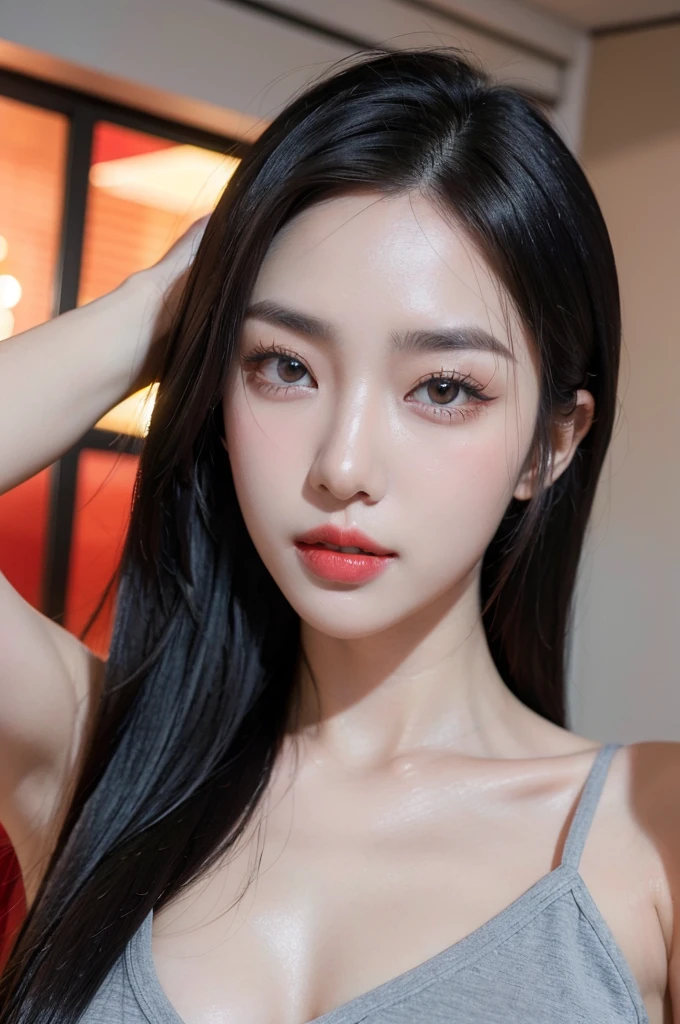 realistic, High resolution 8k, Complete dynamic configuration, Self camera, house interior, Korean woman, 25 years old, very beautiful appearance, slim body, C-cup chest, Beautiful, detailed eyes of average size, (drooping eyes 1.2), (sagging eyebrows 1.2), natural makeup, Long straight hair and gray hair, Vibrant and brightly colored red lips, Random and natural expressions, random common poses, Random Casual Outfits, explicit physical expression,