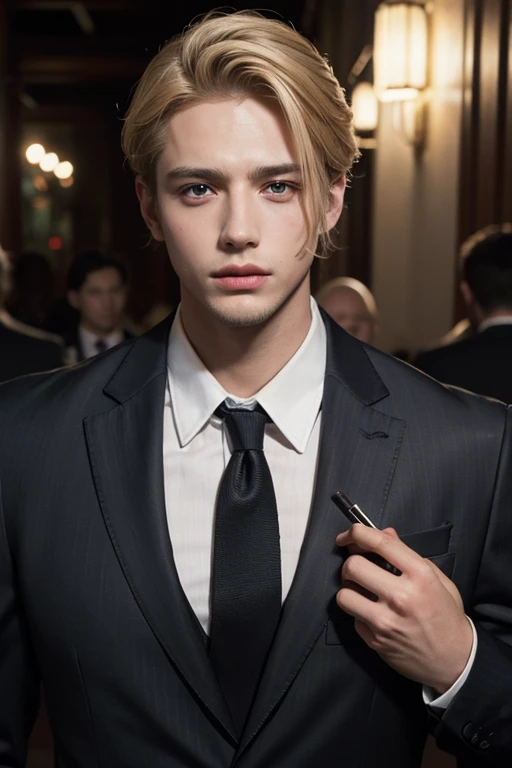 Man smoking cigarette、Blonde boys、in a suit and tie、A photo with a straight body and head, Turn to the side that looks at the photo, Eyes fixed on the lens, You can see the shoulders and head in the photo, Man in the center of the photo, 8K, highest quality, table top, realistic, realistic photo, cinematic pictures, ultra realistic,  perfect lighting, DSRL, professional photos, 4K muscular