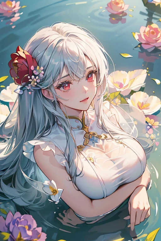 ((top quality)),(ultra high resolution),(Super detailed),(detailed description),((the most picturesque works of art),super precision art,amazing art of depiction,fantasy art:1.5, ((綺麗なおflower々:1.8)), (flowerに侵食された体:1.3),(glamorous body:1.5),fancy background effects、masterpiece、fancy details、(NSFW 1.1), ((1 female)), ((muste piece)), ((extremely detailed:1.3)), ((Beautiful woman entering the lake in crystal clear water)), ((long beautiful hair)), wet hair, wearing a transparent dress, Bathing clothed, (水に浮かぶバラのflowerびら:1.5), (early morning light), ivory gold AI, windows, crepuscular lighting, (very huge boobs)、pink nipples、pink areola,Transparent pink areola、((Transparent pure white wedding dress that shows your skin))、Arranged,intimate, rose garden、colorful roses、lake with floating roses、Lying down、soak in water、wet body、ゴージャスなflowerの装飾、大きなflowerいっぱい、Stylish Hairstyles、solo, water play, flowerいっぱいの髪飾り, flower々, sky porn,Pure white dress that becomes transparent when wet, shines wet with water、(muste piece),(Highly detailed CG Unity 8K wallpaper),best quality,cinematic lighting,detailed background,beautiful detailed eyes,bright pupils, (very delicate and beautiful),(Beautiful and detailed eyes),((muste piece)),(red eyes)