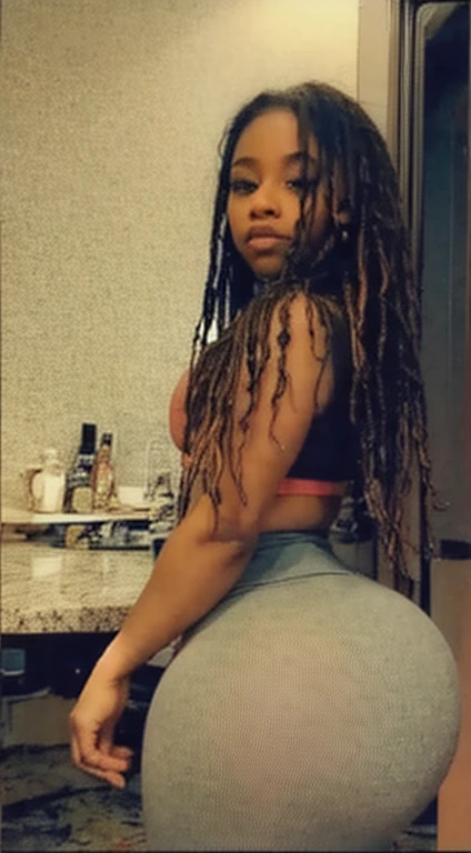 Analog image, neutral density,Highly detailed image ,thick voluptuous Dominican woman, viewed from above,with micro dreadlocks, highly detailed skin,even skin tone, skin imperfections, skin pores visible,wearing a tight leggings and sports bra ,in a dim lit room , highly detailed clothing