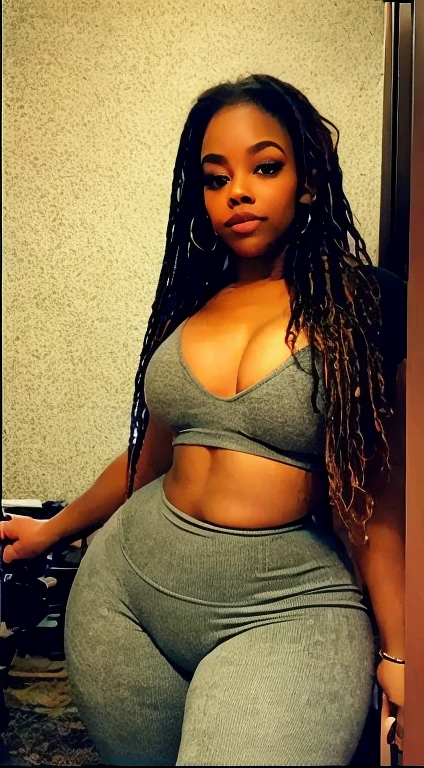 Analog image, neutral density,Highly detailed image ,thick voluptuous Dominican woman, viewed from above,with micro dreadlocks, highly detailed skin,even skin tone, skin imperfections, skin pores visible,wearing a tight leggings and sports bra ,in a dim lit room , highly detailed clothing 