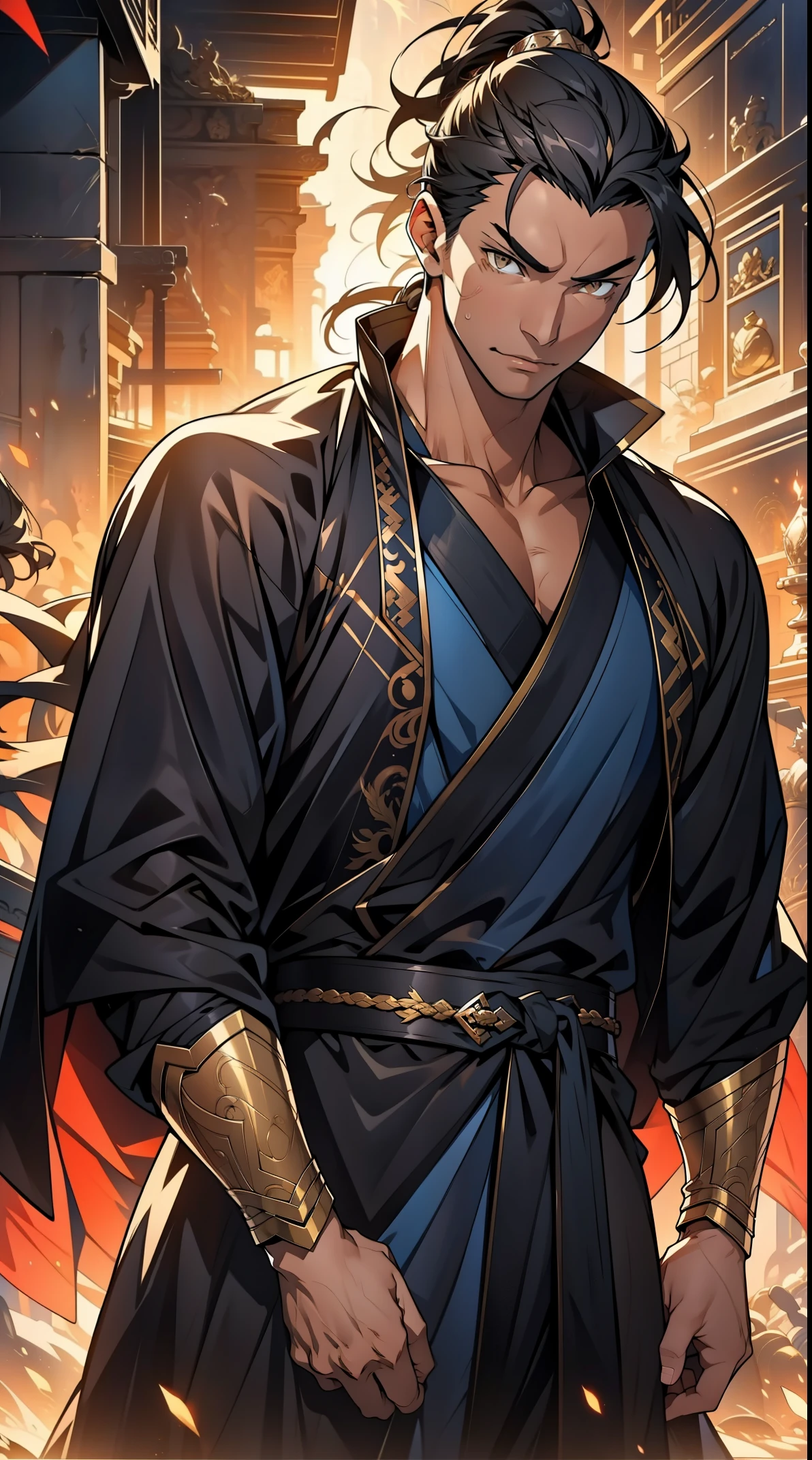 Two dimensions,anime style,one person(male),proportions are correct,facial details,high ponytail hairstyle,neck detail,There's an Adam's apple there,Black period costume,serious,black toga,clothing details,Handing over,long sleeves,Game quality,Ray tracing,Ray tracing,Detailed glow,CG rendering,hair details,long black hair,golden eyes,Handsome,Handsome,(Youthful feeling),Costumes are complicated,Perfect composition,refine,high quality,higher details,many details,Complex background,a sense of atmosphere,