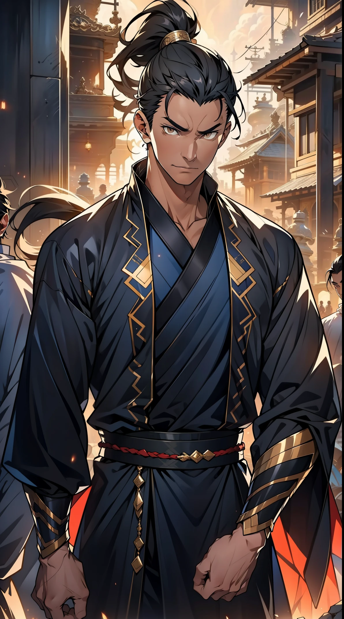 Two dimensions,anime style,one person(male),proportions are correct,facial details,high ponytail hairstyle,neck detail,There's an Adam's apple there,Black period costume,serious,black toga,clothing details,Handing over,long sleeves,Game quality,Ray tracing,Ray tracing,Detailed glow,CG rendering,hair details,long black hair,golden eyes,Handsome,Handsome,(Youthful feeling),Costumes are complicated,Perfect composition,refine,high quality,higher details,many details,Complex background,a sense of atmosphere,