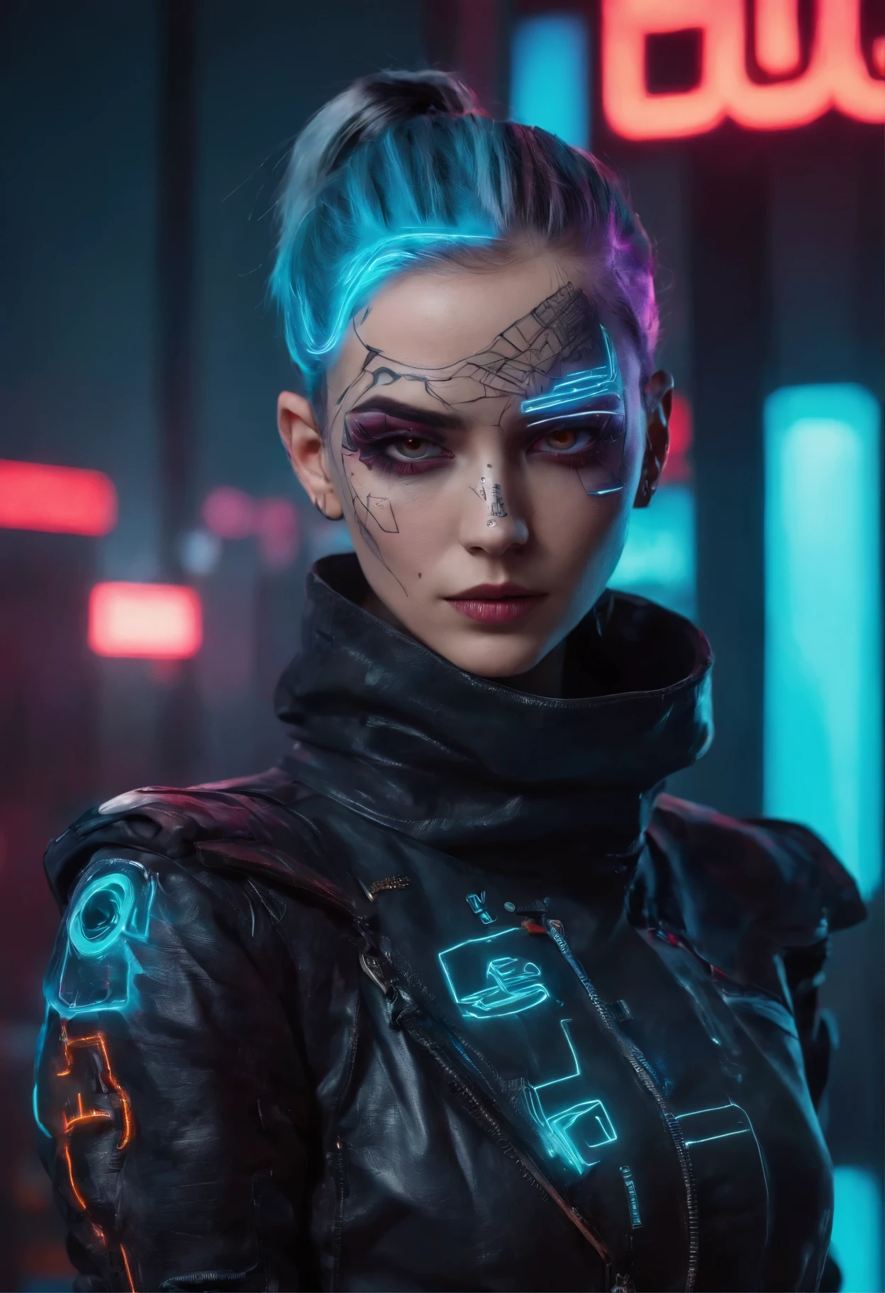 ((cyberpunk woman)) with a tattooed face in front of a (neon cityscape)