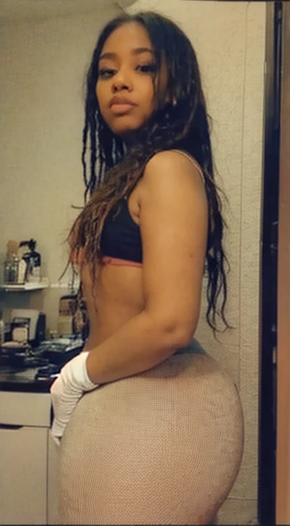 Analog image, neutral density,Highly detailed image ,thick voluptuous Dominican woman, viewed from side, with micro dreadlocks, highly detailed skin,even skin tone, skin imperfections, skin pores visible,wearing a tight leggings and sports bra ,in a dim lit room , highly detailed clothing