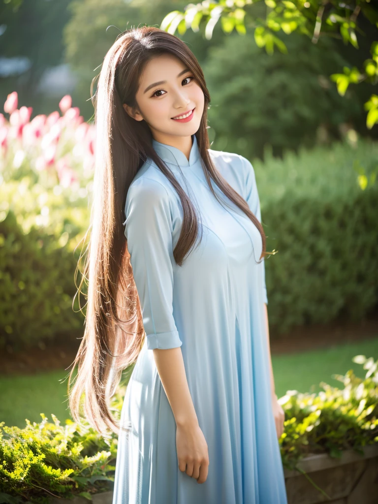 traditional clothes ,dark blue ao dai, ao dai, vietnamese girl, vietnam, vietnamese, satin, pretty girl, wide smile , long hair, Realistic lighting, delicate face, cute expression, Body perfect anatomy,Top Quality, 8K Resolution , full body , realistic , real human , High quality, shiny ao dai , realistic , Cinematic, Aesthetic , satin aodai, 22 year old girl, detailed and beautiful face and eyes,beautiful woman