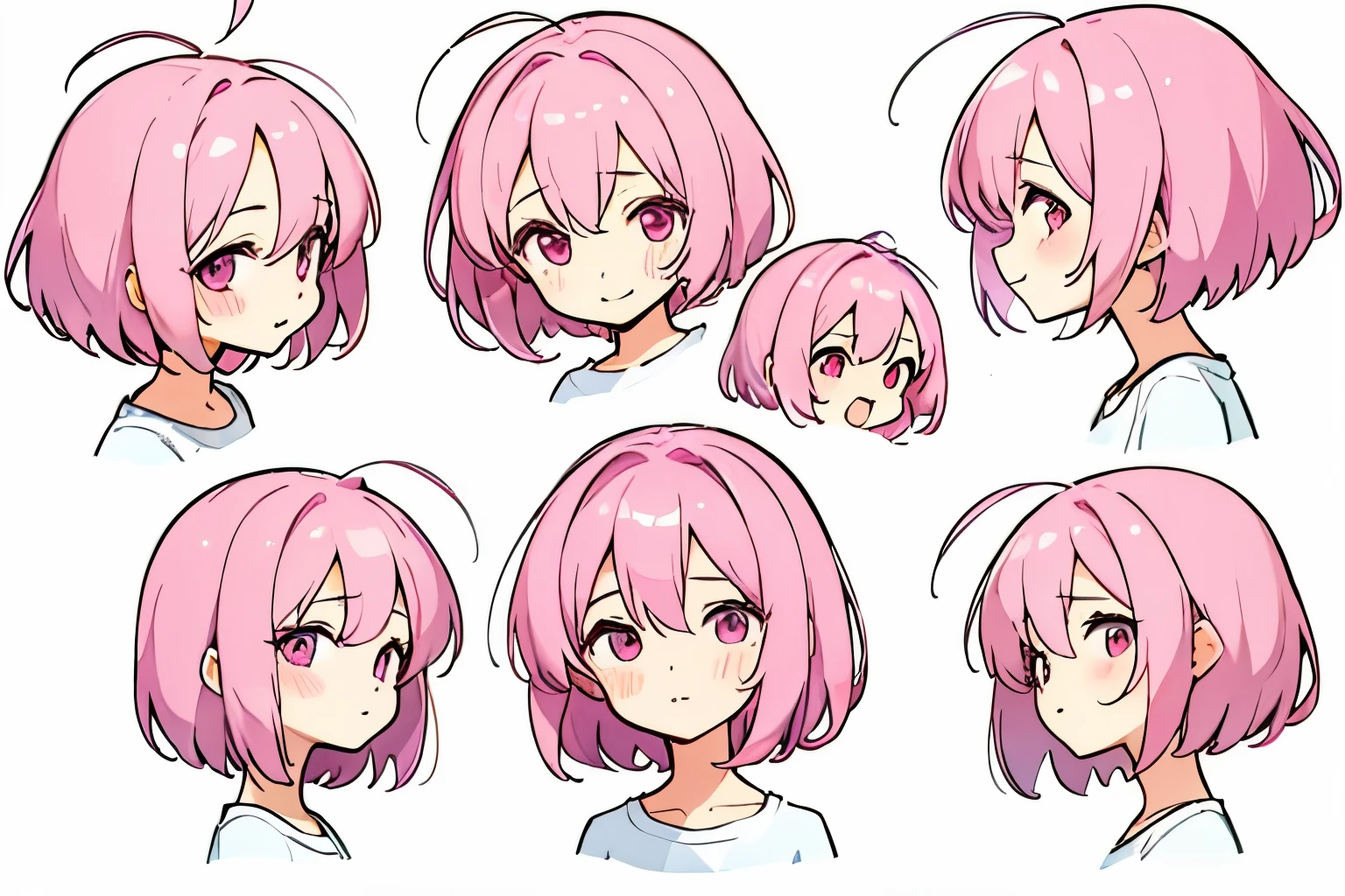 masterpiece, highest quality, super detailed, disorganized, 1 girl, pink eyes, pink hair, short hair, fine eyes, I opened my eyes, eyelash, looking at the viewer, Face-to-face audience, Upper body, white background, Reference Sheet, Performance, simple background, (Ahoge:0.8), Little, (:3, :d:0.6), Happy, variation, blush, (closed mouth:0.5), white t-shirt, sad