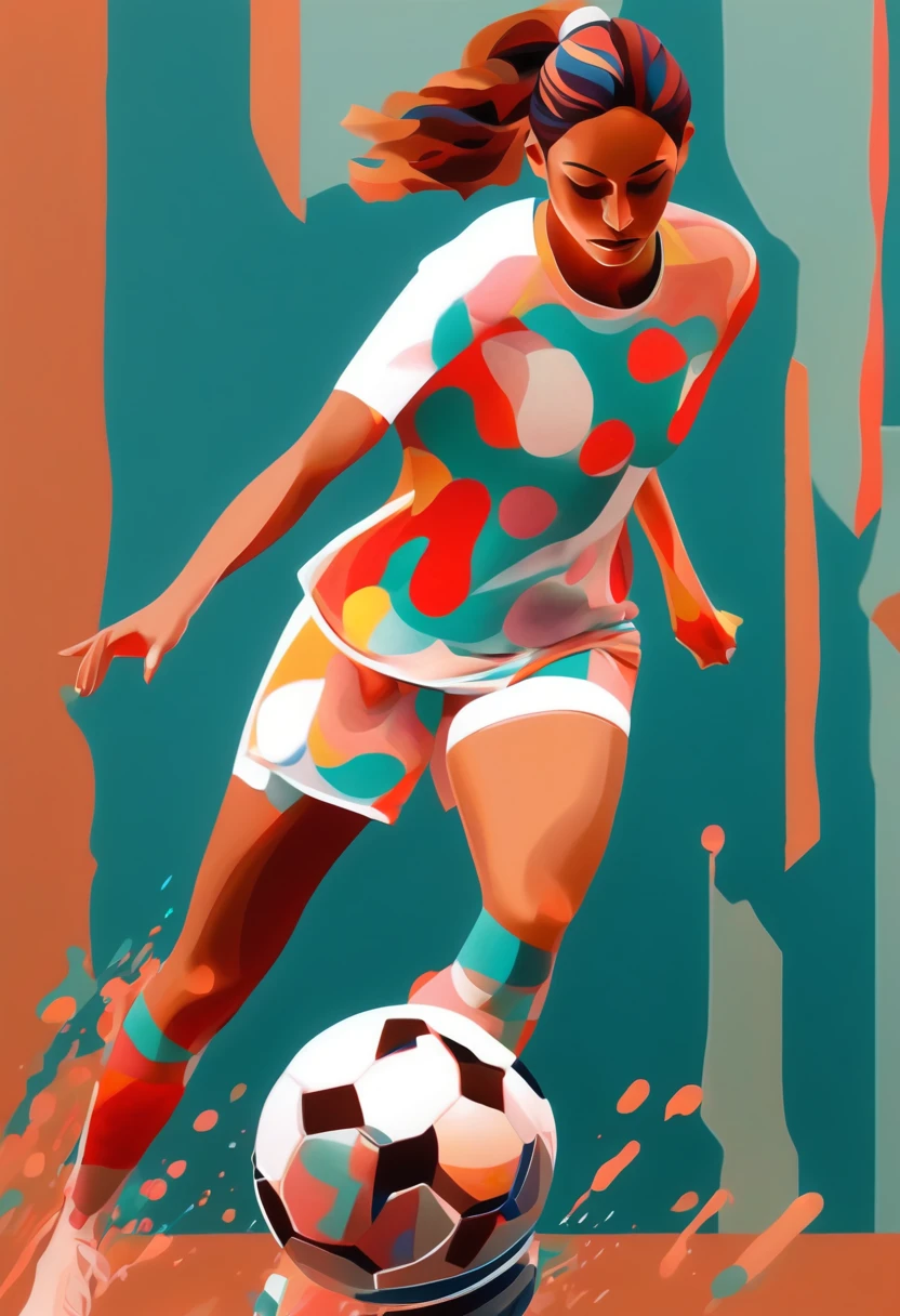 Immerse yourself in a digital masterpiece with this artwork prompt featuring a beautiful fashionable girl in action. The artist's digital prowess brings the subject to life, Showing her grace and elegance when engaging in activities. The soccer ball and the beautiful woman's body are decorated with detailed body painting., adding an element of artistry and fluorescence to the composition. By using Morandi color、Creates a delicate and sophisticated color palette。. With the digital technology adopted、Accurate anatomy is ensured。, resulting in a visually stunning and anatomically accurate artwork. This digital masterpiece celebrates the fusion of fashion, art, and movement. Created by renowned digital artist Gemmy Woud-Binnendijk
