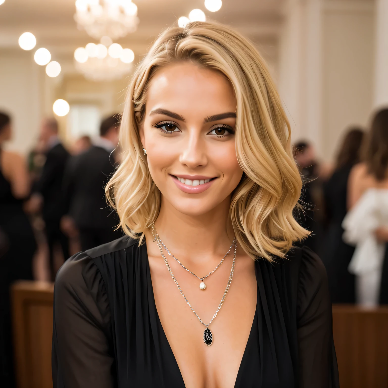 a close up of a beautiful woman wearing a necklace and a black dress, with a sensual smile on her face, wavy blonde hair, ultrarealistic