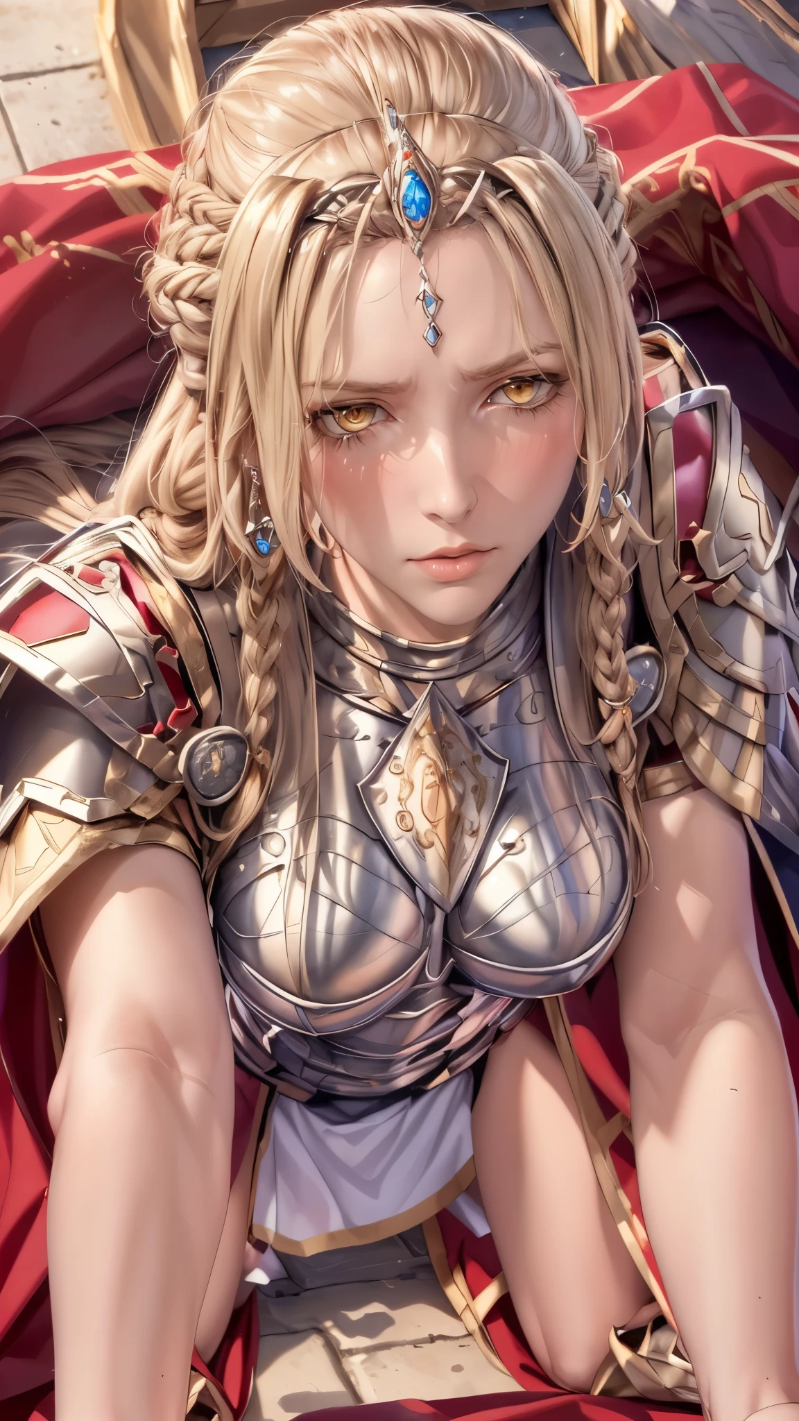 （（（armor,breastplate,red cape,tiara, shoulder armor,red skirt, （（（danya，long hair, blonde hair,braid,pauldorns,yellow eyes, open eyes, ））），（（（wide hips））），S-shaped body:1.7））），((masterpiece)),high resolution, ((Best quality at best))，masterpiece，quality，Best quality，（（（ Exquisite facial features，looking at the audience,There is light in the eyes，blush，shy ））），（（（Light and shadow interlace，huge ））），（（（lie on the ground，on all fours，from below，look up）））