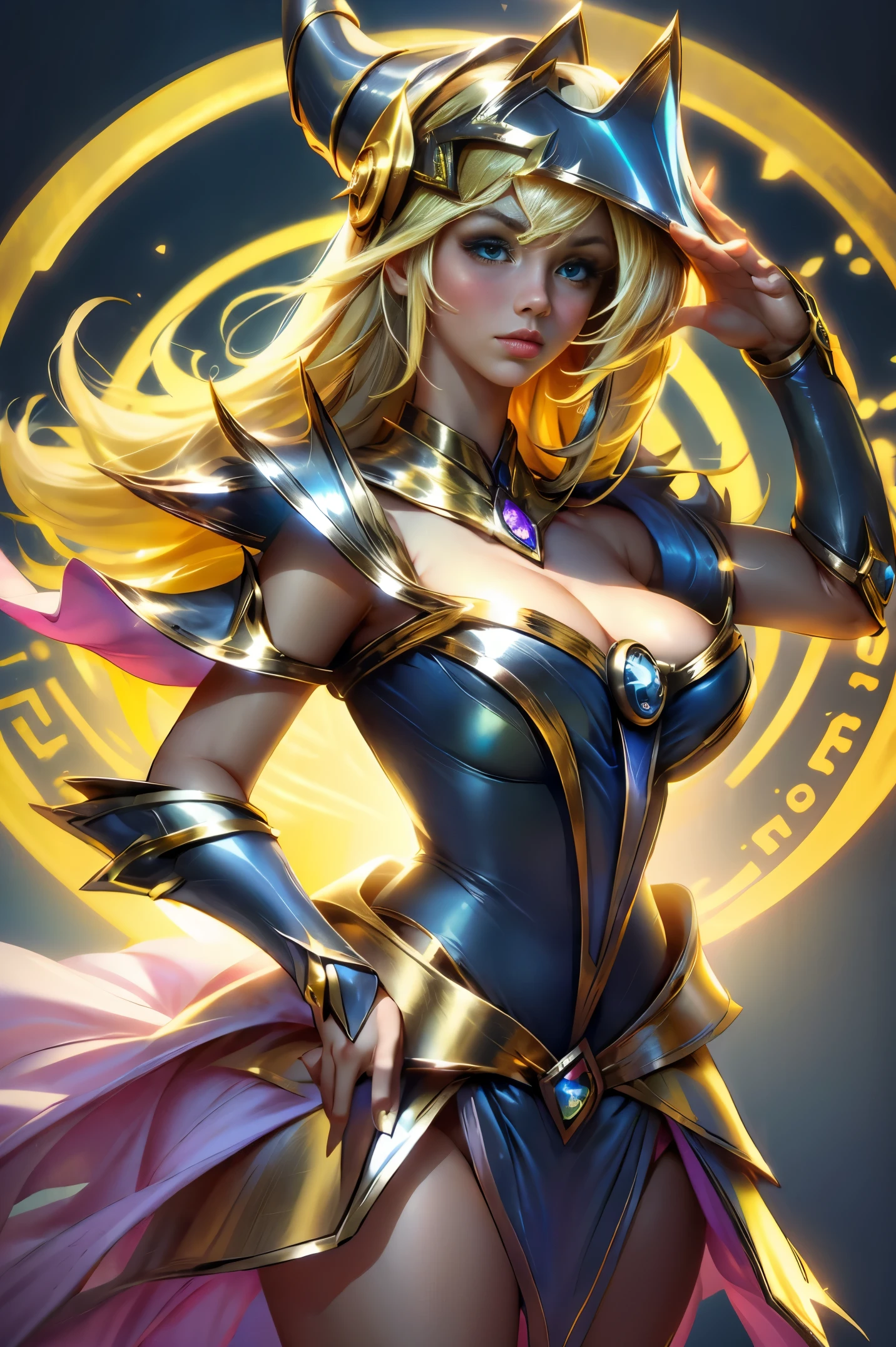 solamente, Super fine photo, Unreal Engine 5 8K UHD digital art portrait of a girl, Arte conceptual, character concept design, wearing a tight, shiny white dress with metallic details, corona de oro, ojos azules, fantasy princess, guante metalico, cabello largo y rubio, La mejor calidad, Obra maestra, Super detailed, sharp focus, pose Sujestiva y sexy y inocente y