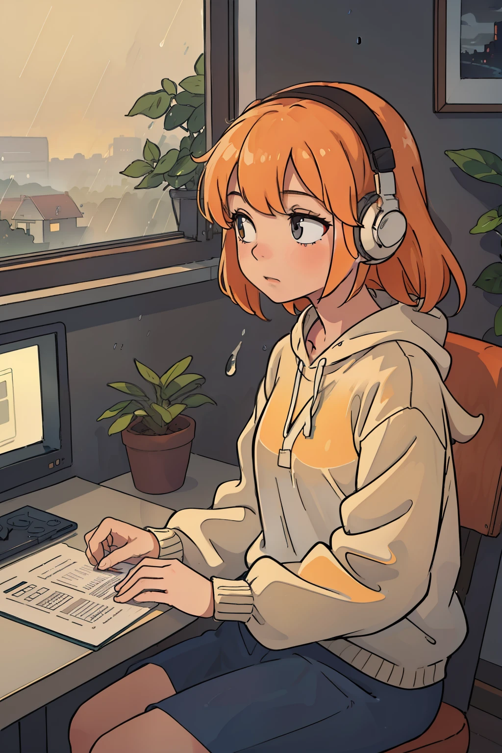 Create an image of a young woman immersed in focused study, sitting at a neatly arranged desktop in a spacious 3000x3000 pixel room.The scene exudes a cozy, tranquil atmosphere as she dons headphones, allowing the soothing tunes of a lo-fi hip hop playlist to filter through. A warm, gentle light from the window casts an orange hue over the rain-soaked landscape outside. While the cool, rhythmic patter of raindrops dances against the windowpanes, the room transforms into a blur of neon colors against the dreary backdrop of the rainy day. Intricate, gentle gradients and