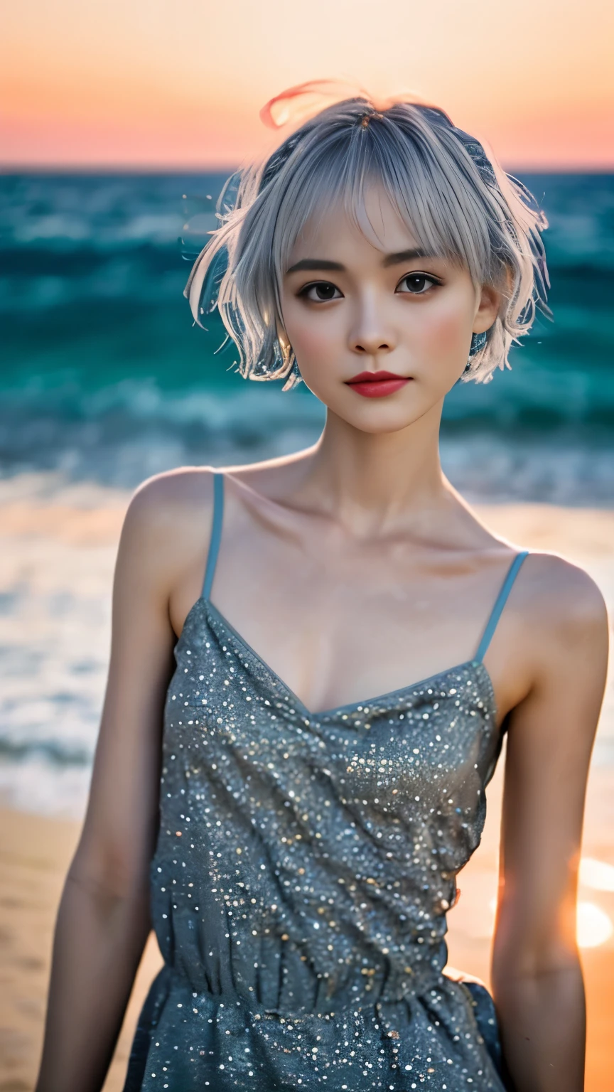 one girl、small face、cute face、ash gray hair:1.5、bobbed hair、short hair、Camera gaze、small breasts、An ennui look、(((camisole、dress)))、particles of light、Sunset Sea、calm sea、white sand beach、Very beautiful sunset、RAW photo、highest quality、High resolution、high resolution、master piece:1.3、８ｋ、１２ｋ、professional photographer、