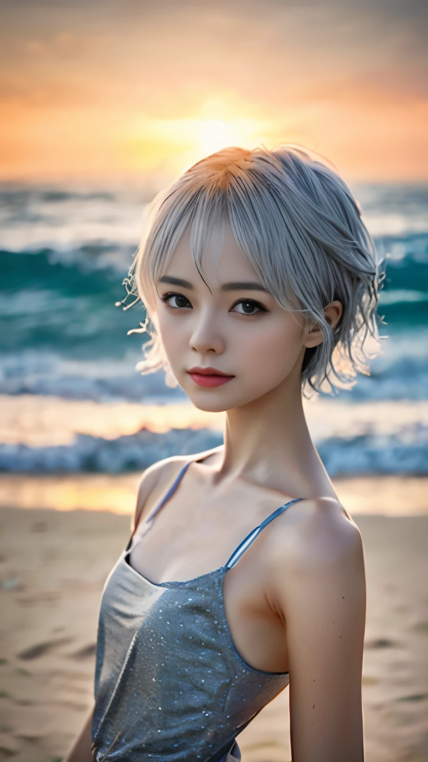 one girl、small face、cute face、ash gray hair:1.5、bobbed hair、short hair、Camera gaze、small breasts、An ennui look、(((camisole、dress)))、particles of light、Sunset Sea、calm sea、white sand beach、Very beautiful sunset、RAW photo、highest quality、High resolution、high resolution、master piece:1.3、８ｋ、１２ｋ、professional photographer、