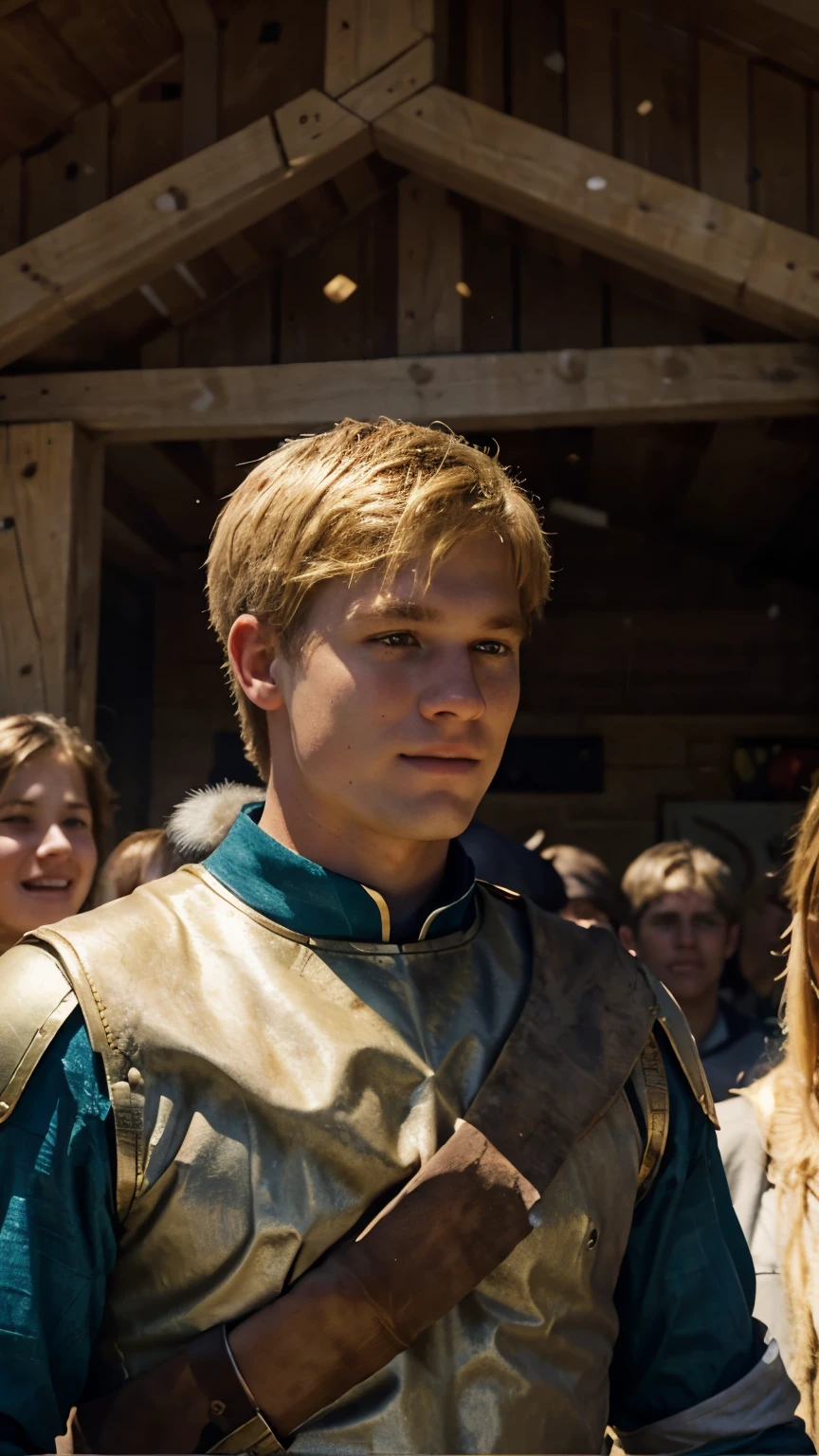 "Draw a realistic image that depicts David, a blond shepherd ager being celebrated as a hero after victory. Highlight the surrounding crowd, expressions of gratitude and admiration.