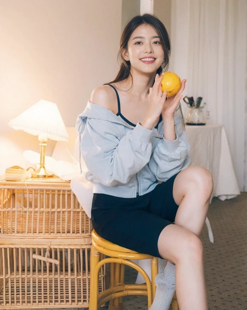 (on the table, best quality, realistically, Super detailed, meticulous, high resolution, 8k wallpaper), Close-up portrait of a beautiful woman, Chariada, smiling, light brown messy hair, Perfect dynamic composition, 美丽meticulous的眼睛, Just like the cover of a fashion magazine, on campus