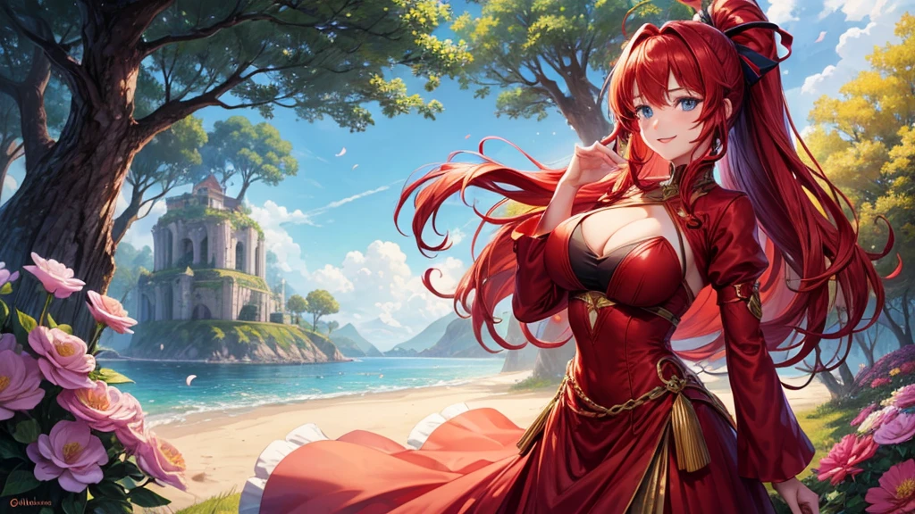 1girl, full body, solo, village, trees, flowers, fantasy world, mage, red hair, long hair, curly hair, ponytail, blue eyes, large breasts, red dress, clevage 1:2, smile, looking at the viewer, ((standng)), hair ribbon, golden necklate